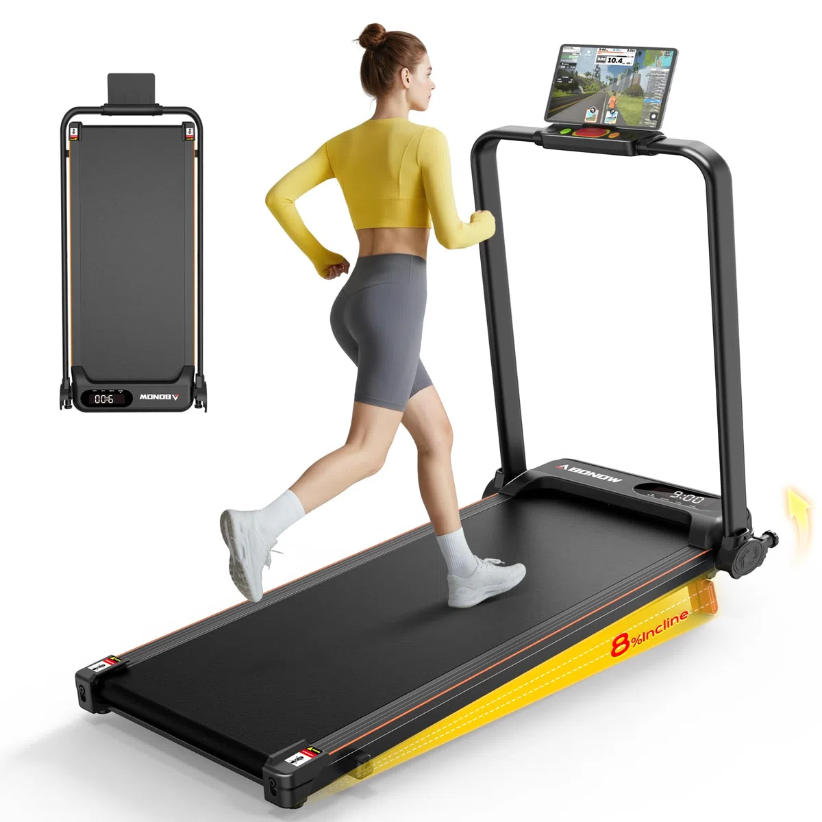Abonow Klappbares Laufband mit Steigung， 3-in-1 Untertisch-Laufband, ultradünnes Design, geeignet für Homeoffices, kompakte Mini-Laufmaschine, inklusive Fernbedienung, perfekt für kleine Räume, 130 kg