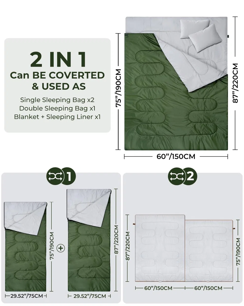 Ohuhu Doppelschlafsack, Schlafsack 2 Personen 220x150cm Schlafsack Outdoor mit 2 Kissen Deckenschlafsack für Camping, Wandern, Familie & Festival