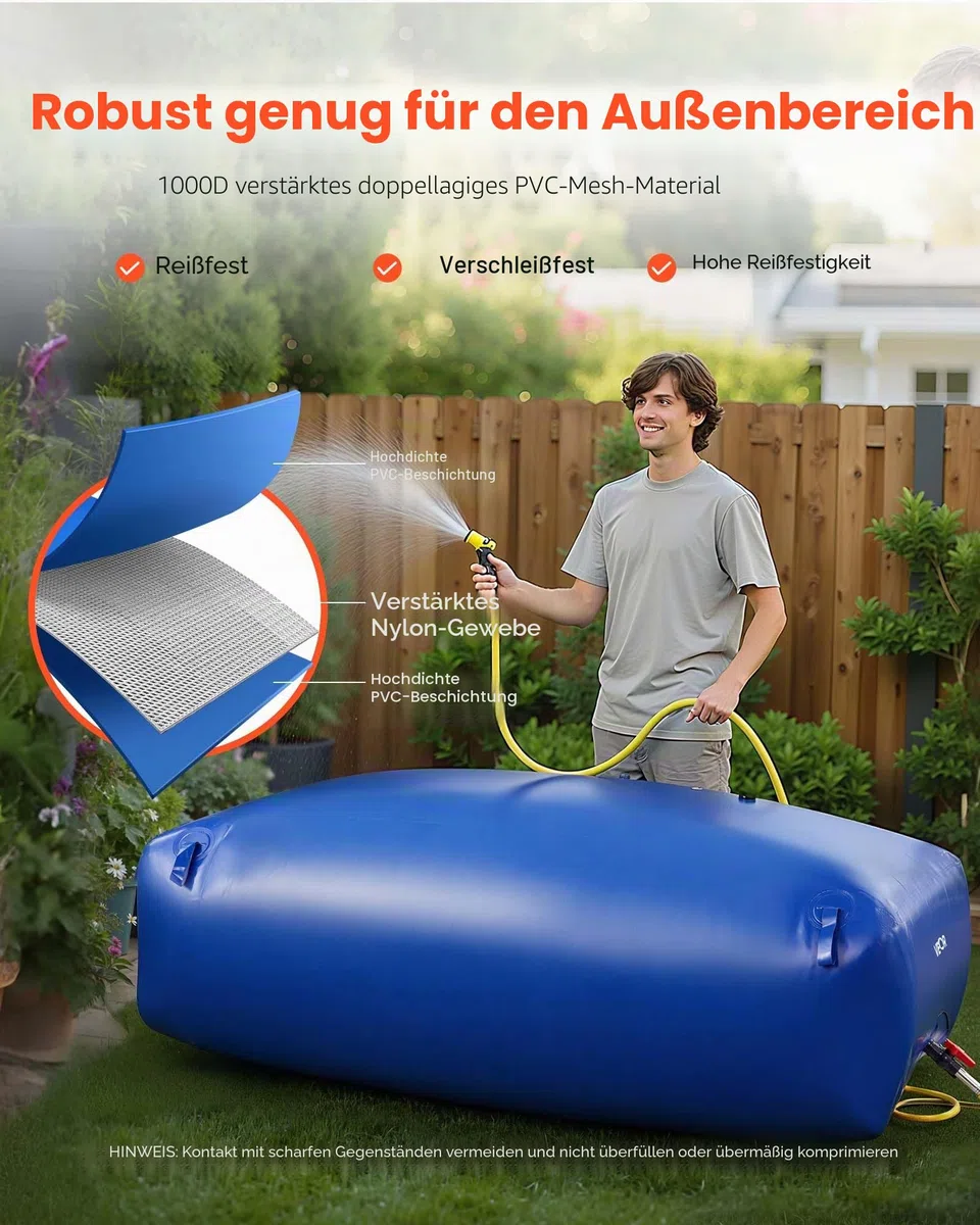 VEVOR Wasserspeicherblase, 1000 L PVC-Weichwasserbeutel, Wasserspeicherbehälter, auslaufsicherer & verschleißfester Wassertank für die Outdoor-Bewässerung von Wohnmobil, Camping, Notfall