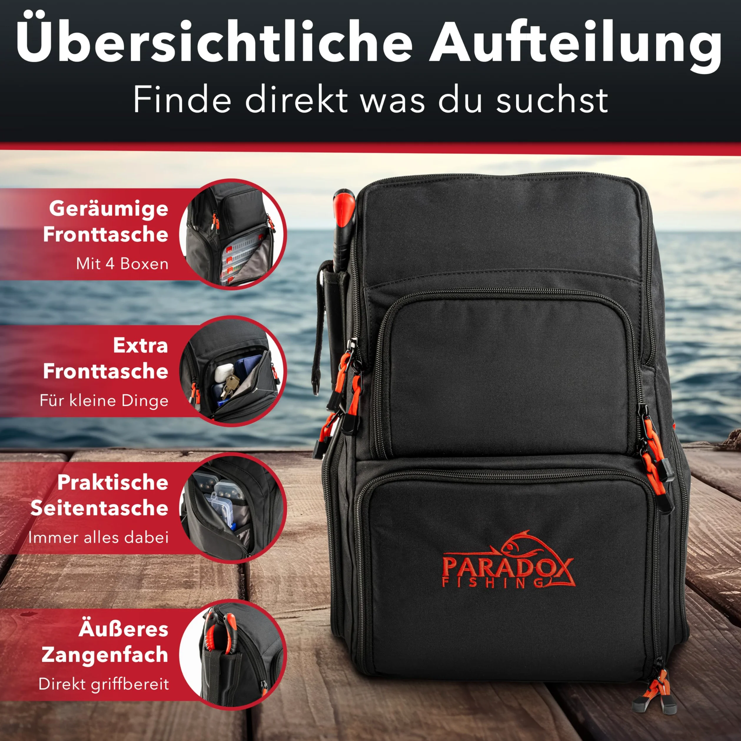 Paradox Fishing Angelrucksack mit Boxen I inkl. 4 Boxen I wasserabweisend I Angeltasche mit Tackle-Boxen Angelkoffer