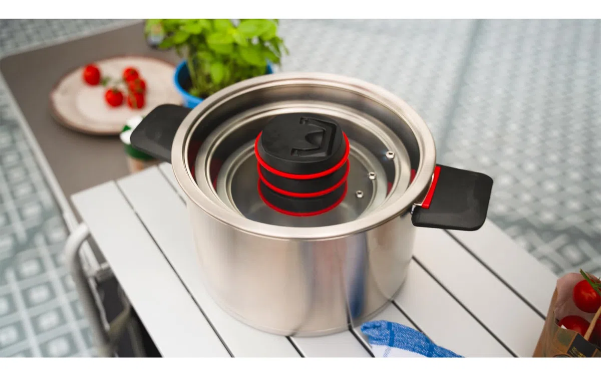 BERGER RedSilva Topfset Induktion 6-tlg. | Camping Kochgeschirr-Set aus Edelstahl | Kochtopf Set Outdoor mit Glasdeckel & klappbaren Griffen | Picknick Topf Geschirrset stapelbar