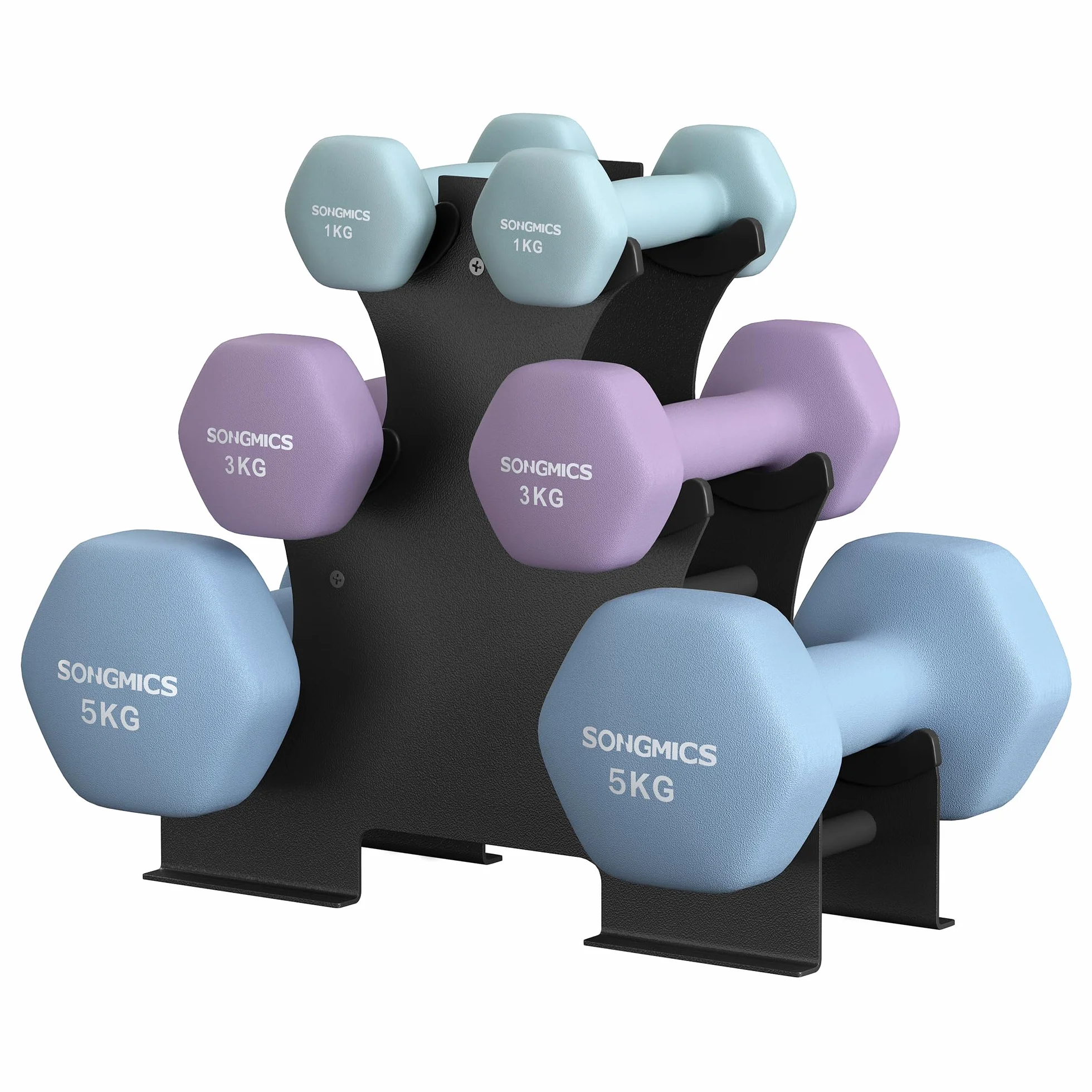 SONGMICS Kurzhantel Set, Hexagon, mit Hantelständer, 2 x 1 kg, 2 x 3 kg, 2 x 5 kg, mattes Finish, Neopren-Beschichtung, Krafttraining, zu Hause