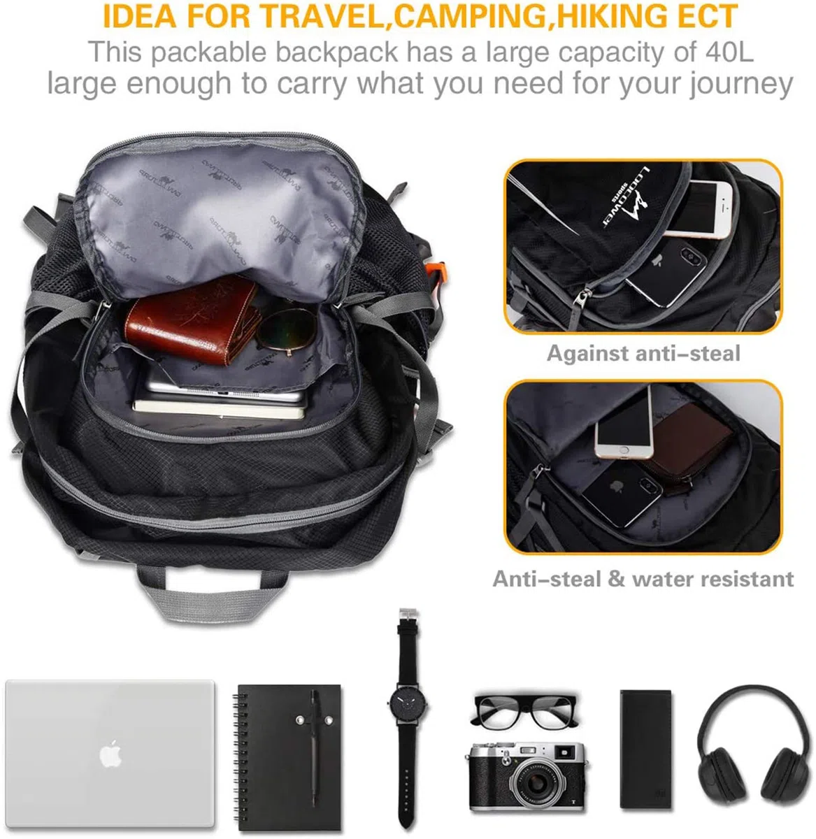 45L Leichte Packable Reiserucksack Wanderrucksack, Multifunktionale Tagesrucksack, Faltbare Camping Trekking Rucksäcke, Utra Leicht Outdoor Sport Rucksäcke Tasche - Black
