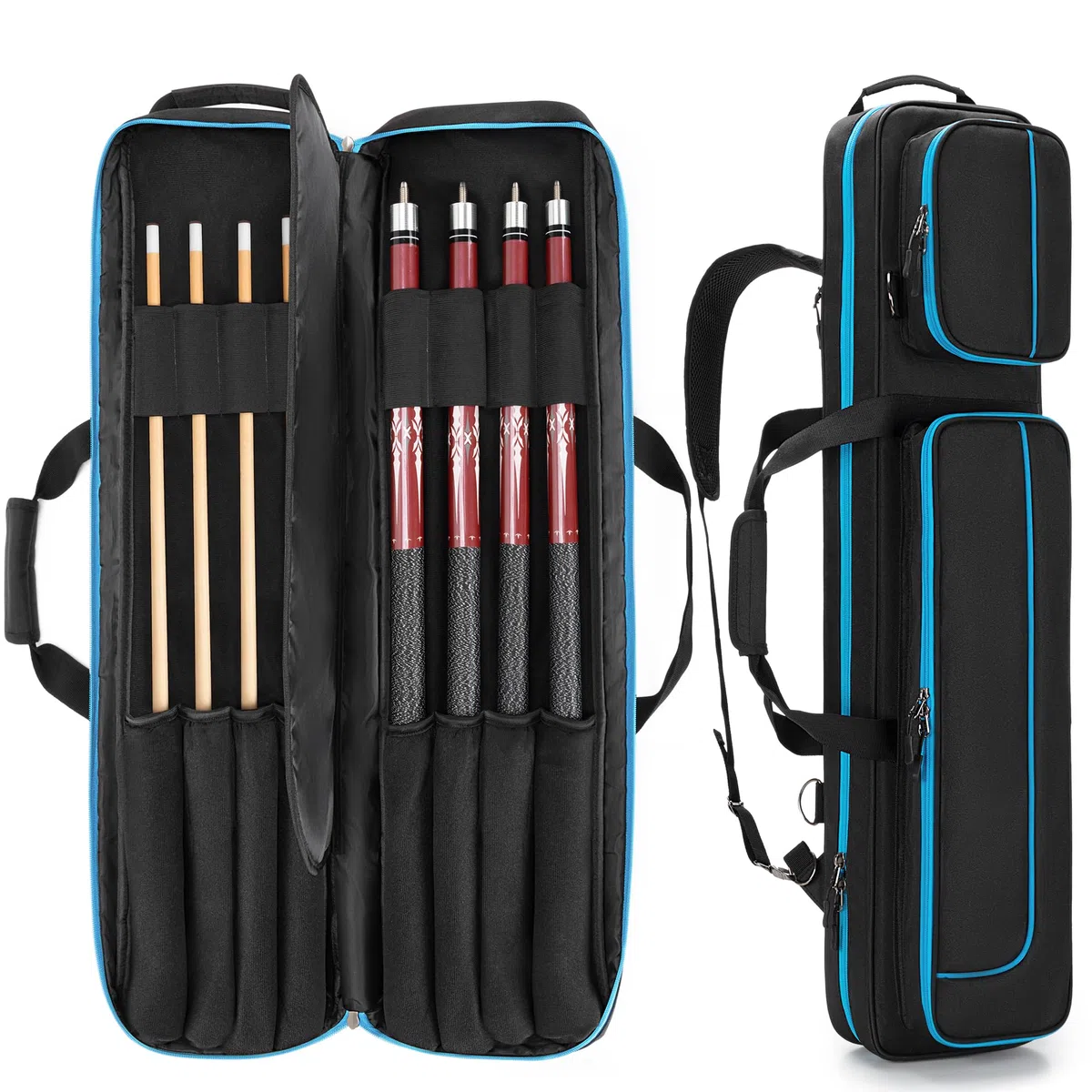 GOBUROS 4x4 Billard Queue Koffer für bis zu 4 Unterteile und 4 Schäfte, Pool Stick Tragetasche mit Zubehörtaschen vorne, Billard Queue Tasche mit Schultergurten