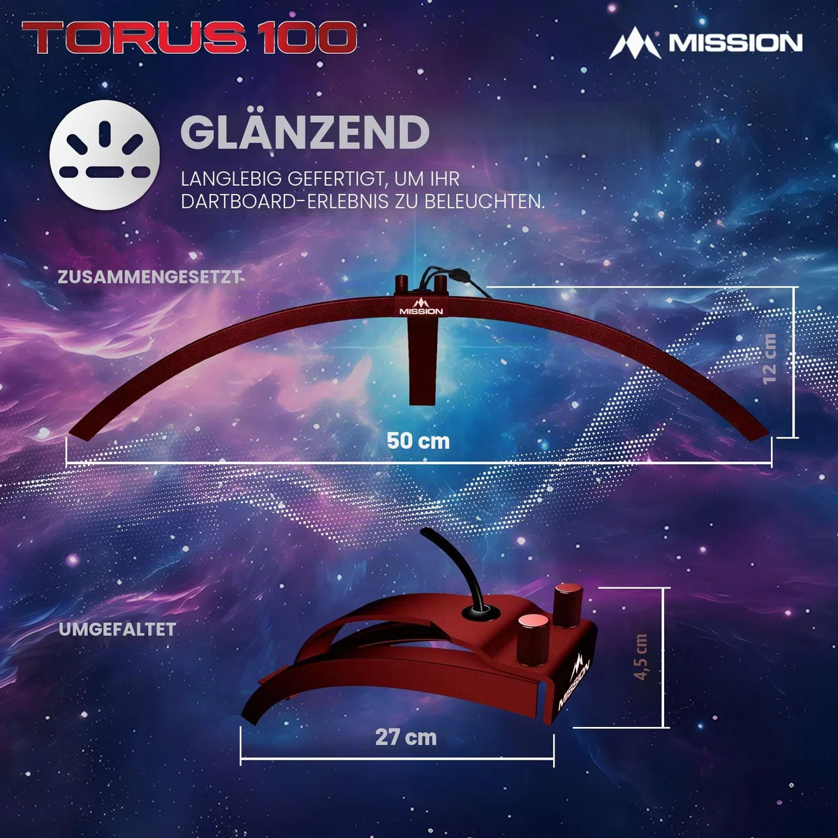 Mission Darts TOR100 Torus 100 | Dartscheibe LED klappbar tragbar Dartscheibe Reise Beleuchtungssystem