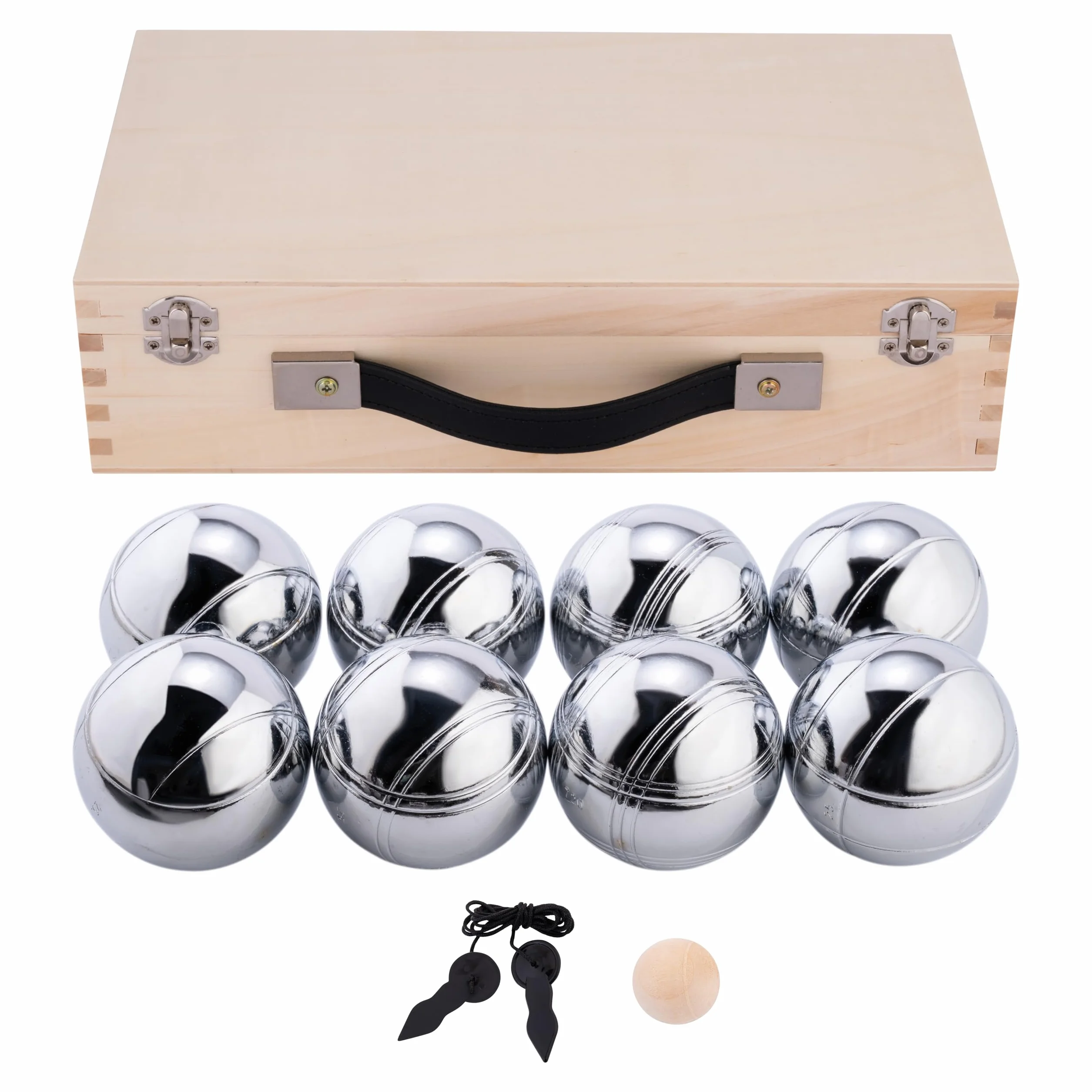 8-teilige Metall Boule Kugeln Set in Luxuriöser Holzkiste mit Magnet, Distanzmesser & Holz-Cochonnet – Boccia / Botcha Spiel für Kinder & Familien - Petanque, Jeu de Boules, Cross Boule - 010206