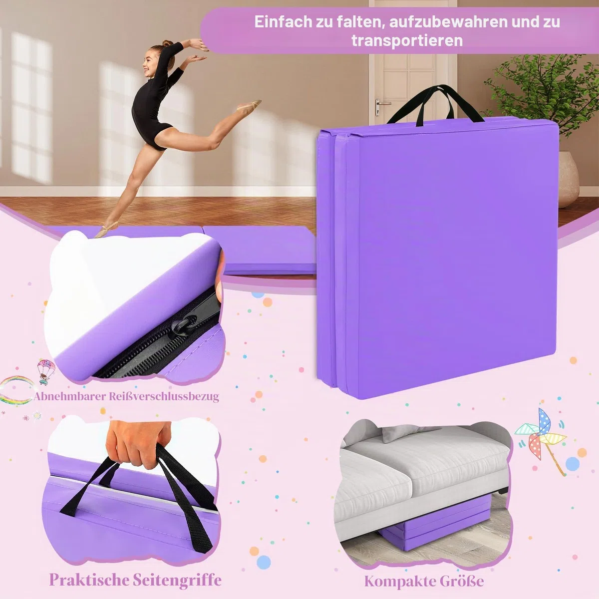 KOMFOTTEU Gymnastikmatte faltbar, Weichbodenmatte 180x60x5cm Fitnessmatte, Turnmatte dick mit Tragegurt, 3-Fach Yogamatte Sportmatte rutschfest für Yoga Fitness Training