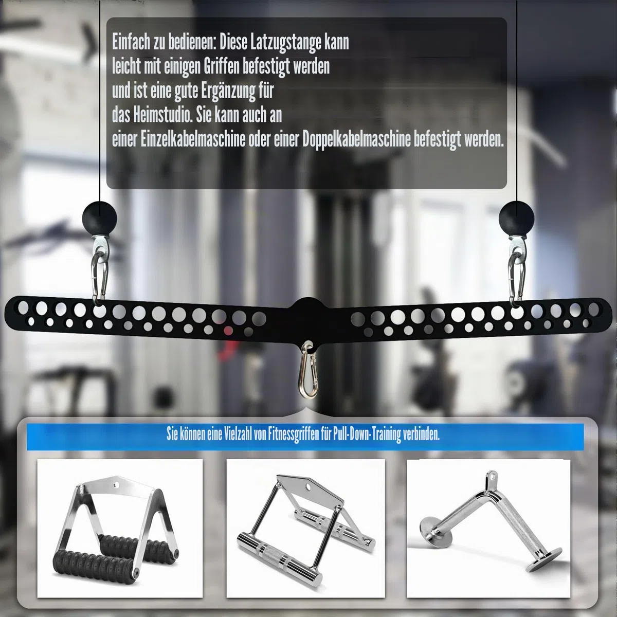 Multi-Grip LAT Pull Down Bar für Home Gym Fitness, Spreizplatte LAT Pulldown Aufsätze für Pulley System Kabelmaschine, Doppel- bis Einzelkabel Befestigung Übungsgriff