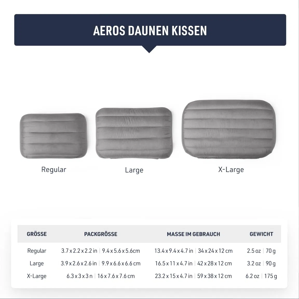 Sea to Summit - Aeros Down Pillow Campingkissen - 70 g - Daunen & Luftkammer Komfort - Xpress-Ventil - bis 12 cm Höhe - rutschfest mit PillowLock - für Trekking, Camping & Reisen