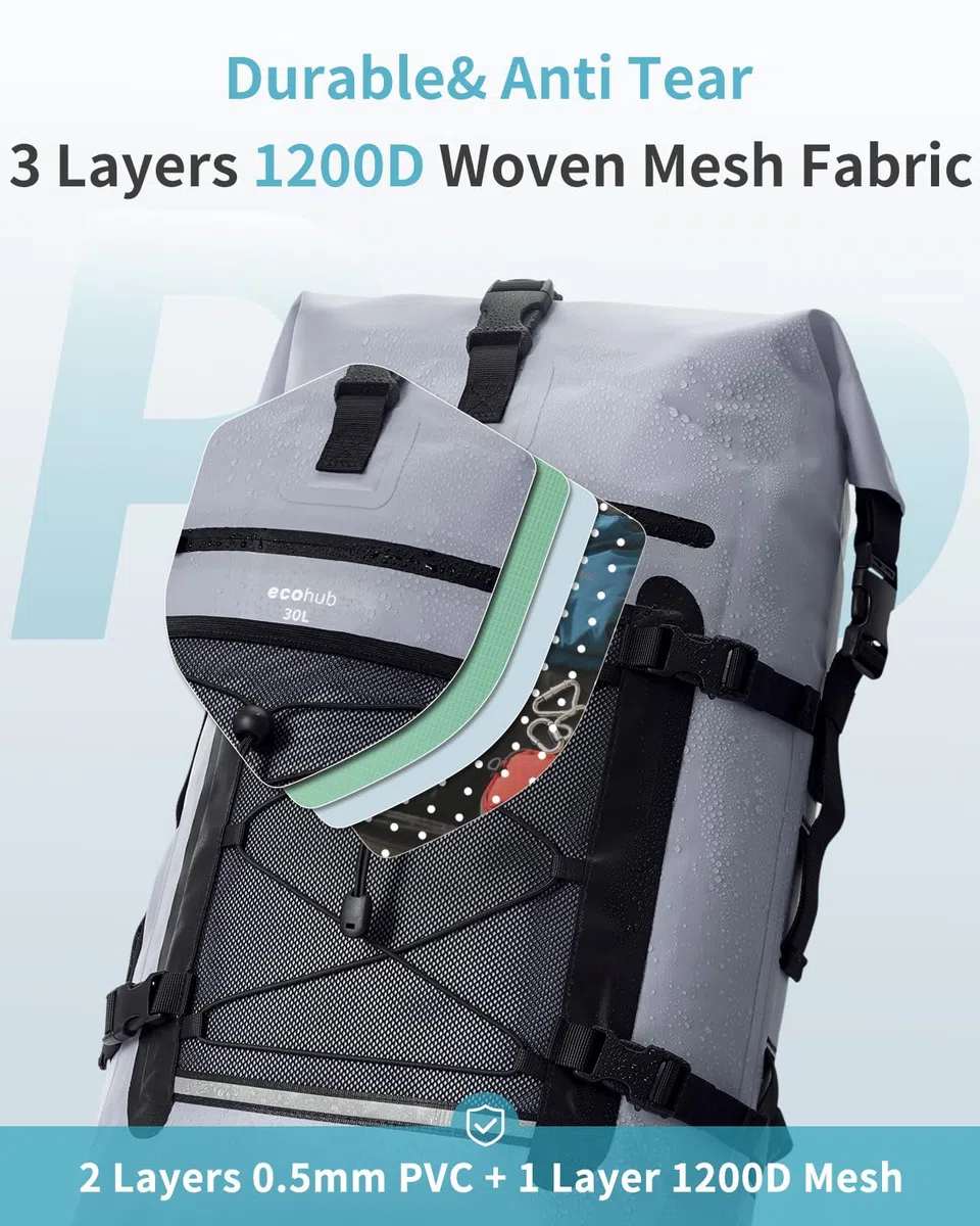 ECOHUB Wasserdichter Rucksack, Rolltop mit IPX8 Handyhülle & Atmungsaktive Rückenpolsterung, Dry Bag für Kajak, Bootfahren, Wandern, Camping, Angeln, Rafting, Lieferfahrer, 30L, Grau