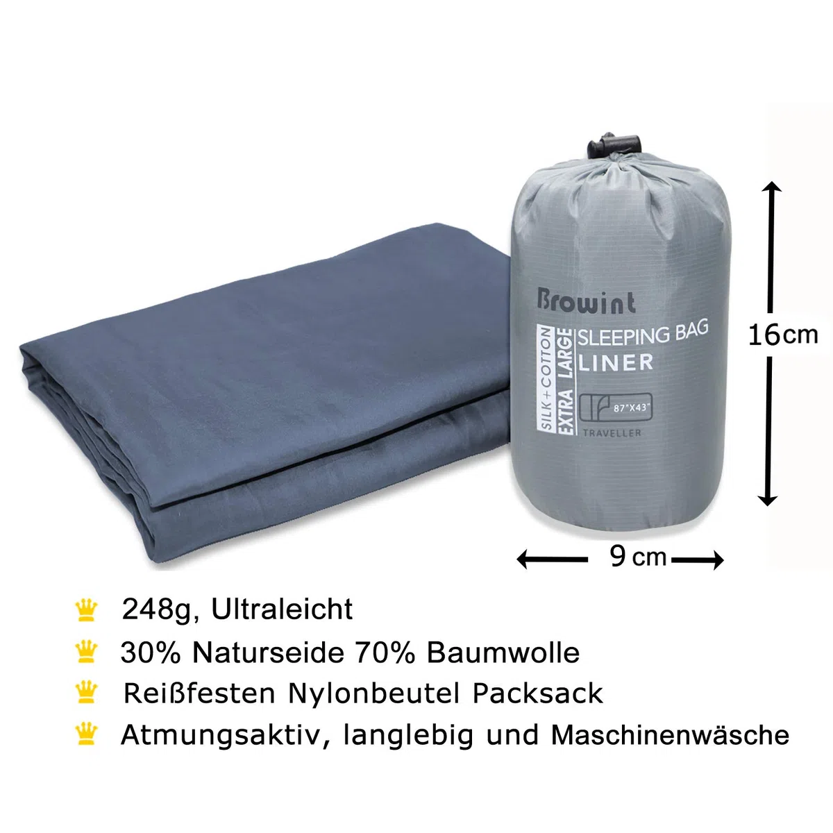 BROWINT Schlafsack Inlett aus Seide/Baumwolle, Reiseschlafsack mit Doppeltem Reißverschluss und Kissenfach, 220cm X 110cm Extrabreite Hüttenschlafsack für Hostels, Lnlay Leicht, Kompakt & Atmungsaktiv