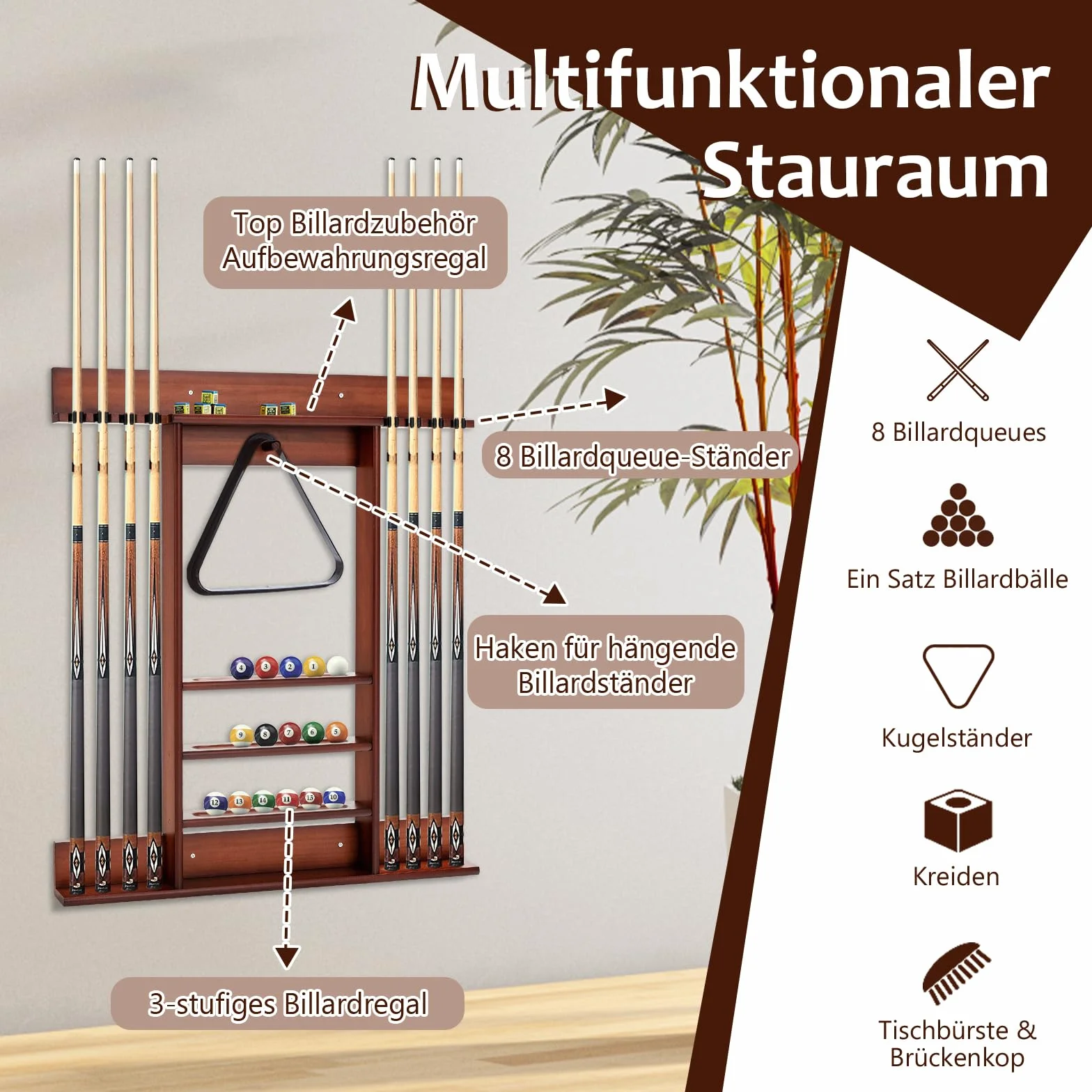GOPLUS Billardständer, Pool Queue Halter aus Kiefernholz mit 8 Queue-Stifte, 3-stufig, Ball Rack Halter & Regal, Billardqueueständer für Bars Clubs Spielzimmer, Wandmontage (Braun)