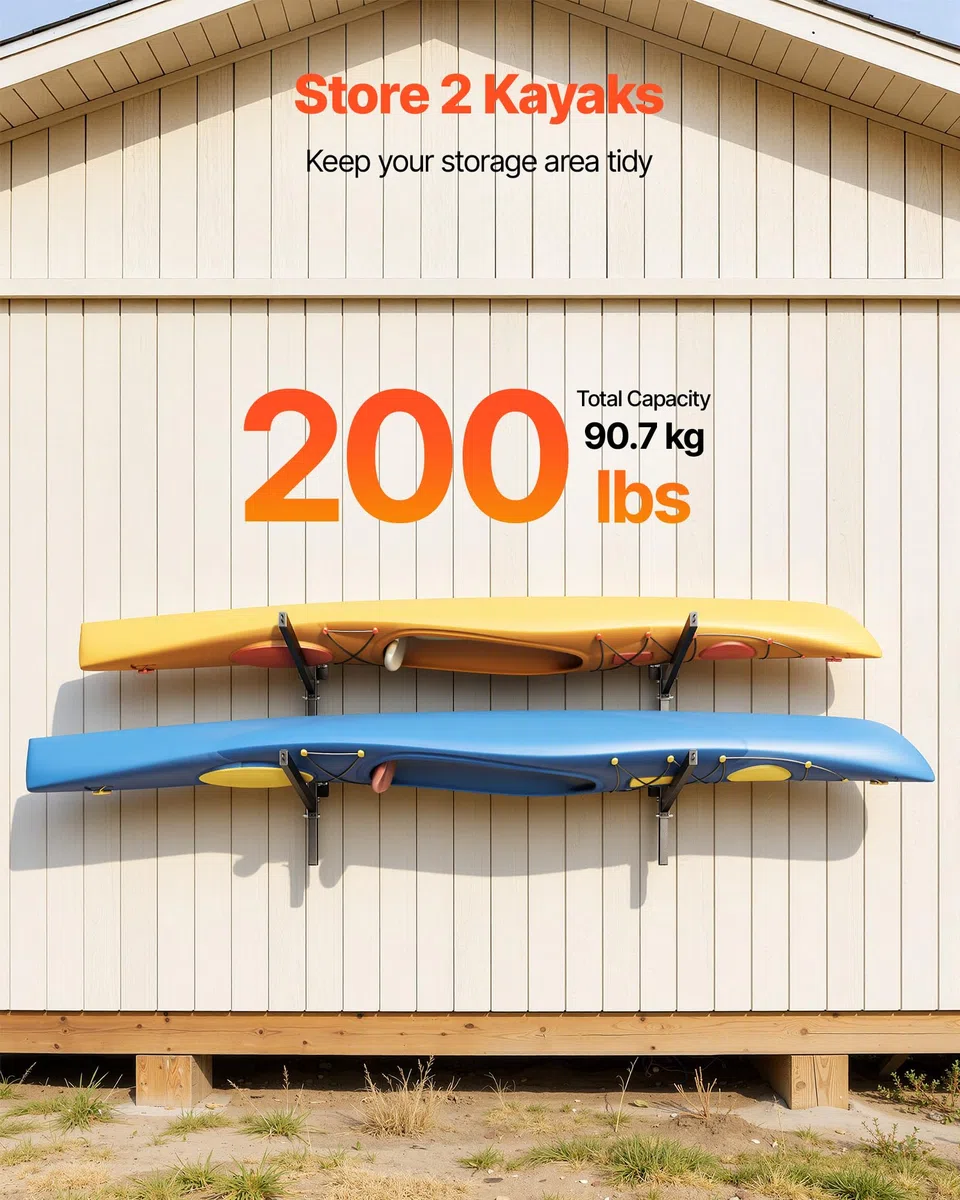 VEVOR Kajak-Aufbewahrungsregal Wandhalterung für 2 Kajaks/Kanus/Surfbretter/Paddleboards/Kleine Boote, Kajakständer mit 90,7 kg Tragkraft, Einstellbarer Kajakhalterung Lagergestell für Garage Steg