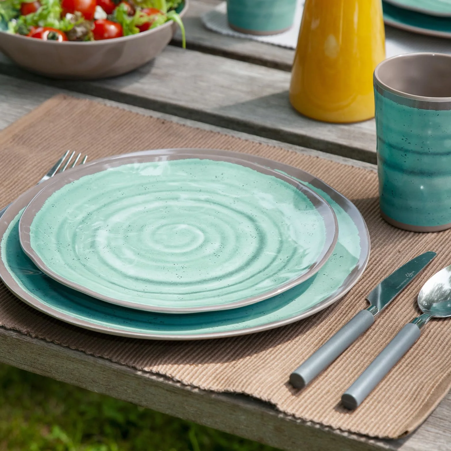 BO-Camp - Geschirr - 100% Melamin - 12-teilig - Halo - Aqua/Terrakotta