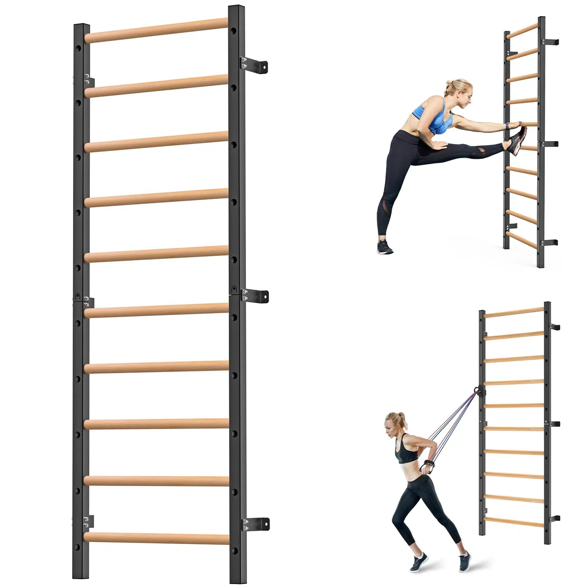 Kipika Turnreck – 5,1 x 5,1 cm schwedische Leiter mit 2,5 cm Loch, wandmontierter Klimmzugstangen-Leiter-Schlingentrainer, Gymnastik-Trainingsreck mit Massivholzgriffen für Zuhause, Wandturnhalle