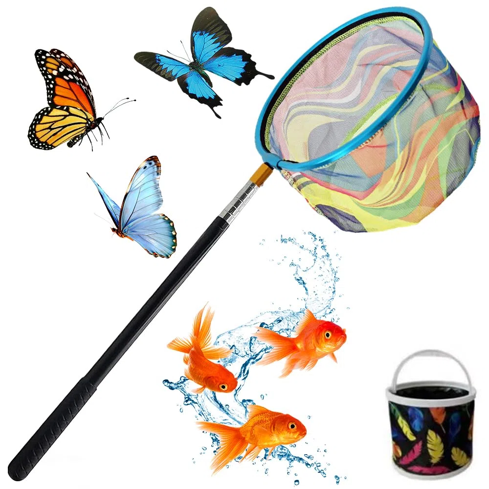 Teleskop Kescher Kinder, Schmetterlingsnetz mit Teleskopstange 66-173 cm Klein Fangnetz Outdoor, Angel Kescher für Kinder Mit Faltbarer Eimer für Insekten Fische Angeln Outdoor Strand Teich