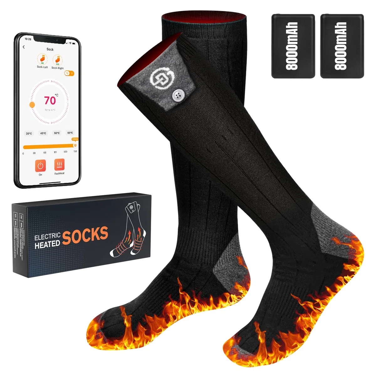 Beheizbare Socken 5v 8000mAh Wiederaufladbare Fußwärmer Warme Socken Damen Herren APP-Steuerung Beheizte Socken 4 Temperatur Heizsocken Skisocken für Outdoor Skifahren Wandern Winter Camping