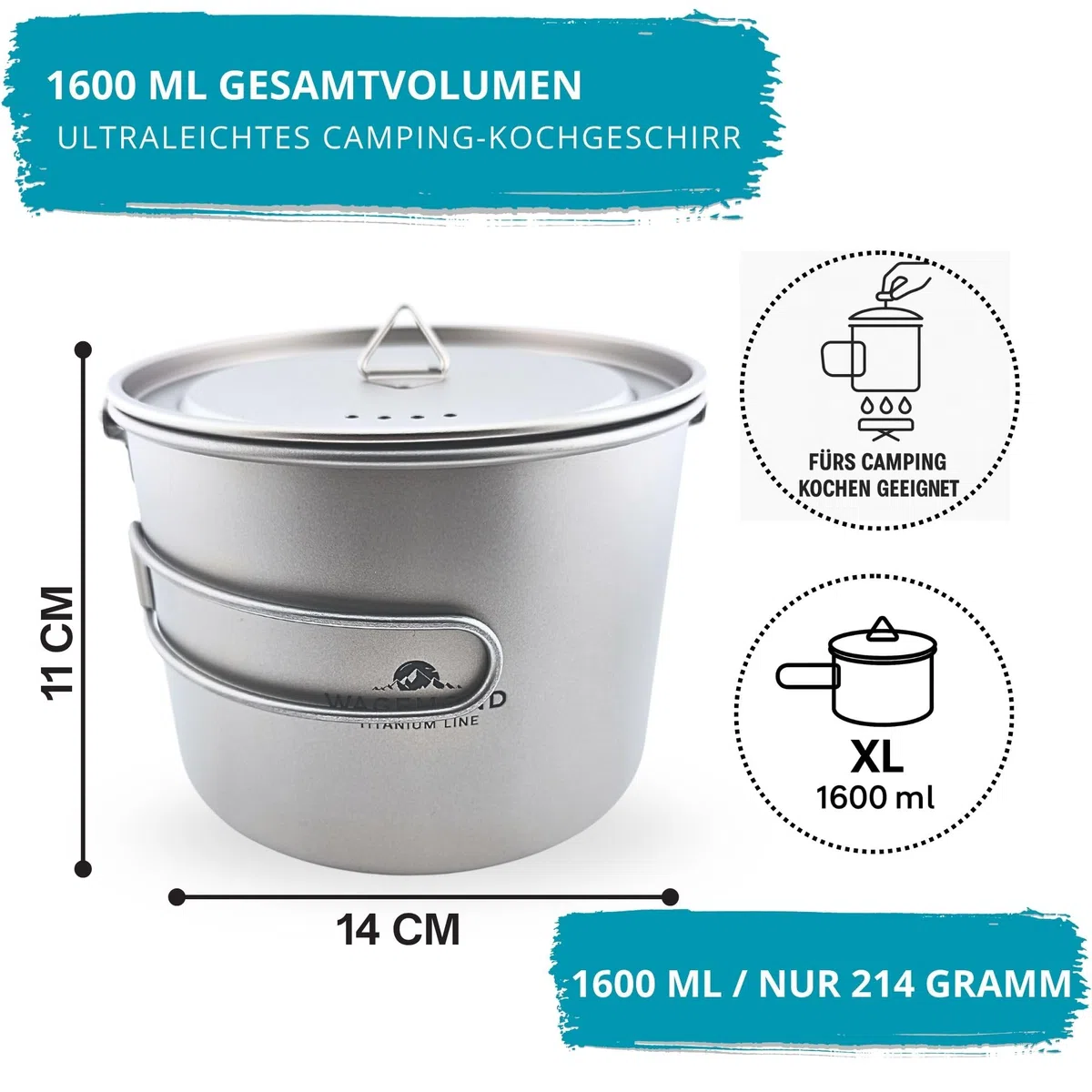 Titan Topf 1600 ml – ultraleichtes Camping Kochgeschirr, robuster Outdoor Kochtopf mit faltbaren Griffen für Trekking, Bushcraft & Reisen mit Beutel