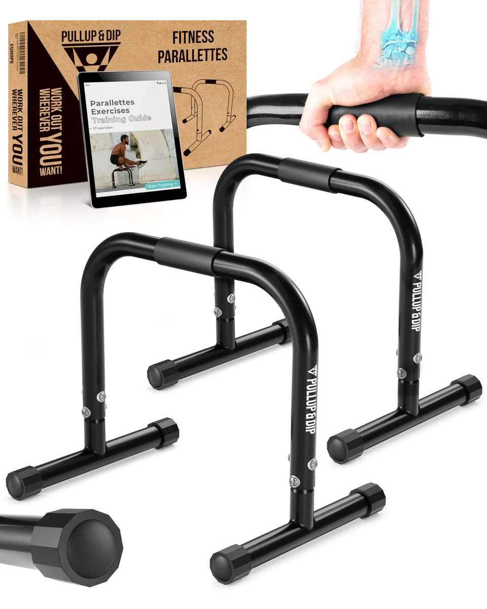PULLUP & DIP Fitness Parallettes, Medium Minibarren aus Stahl, Handstand Barren mit extra breitem Griff für Calisthenics, Gymnastik und Turnen, In- und Outdoor