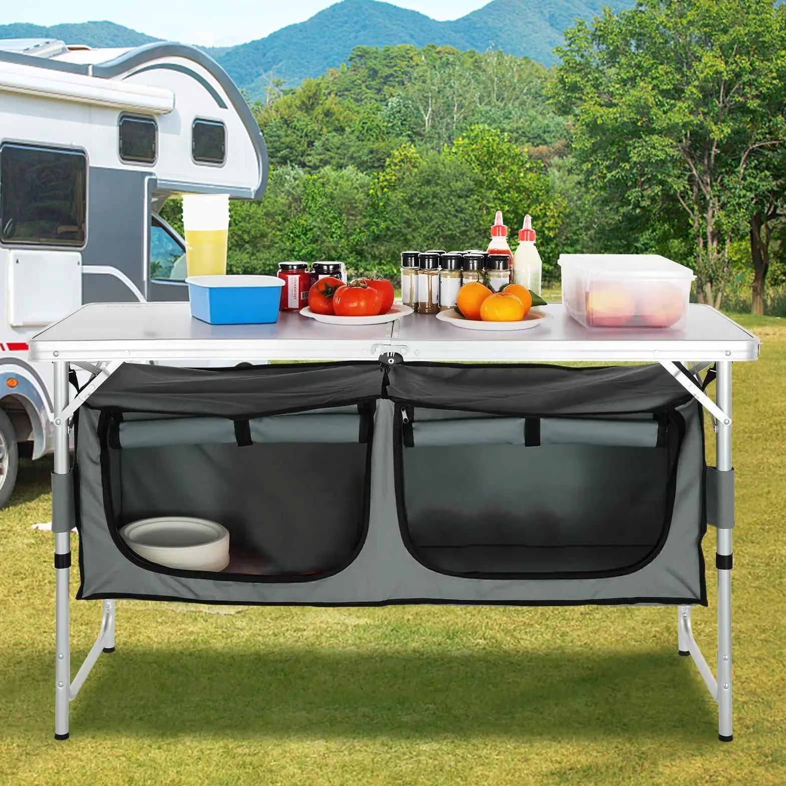 VEVOR Campingküche inkl. Tragetasche Campingschrank Einstellbar Campingschrank, Reiseküche Küchenbox Zeltschrank Outdoor Camping Küche Zeltschrank Camping Reisen Grau Tragbar Küchenbox Reiseküche