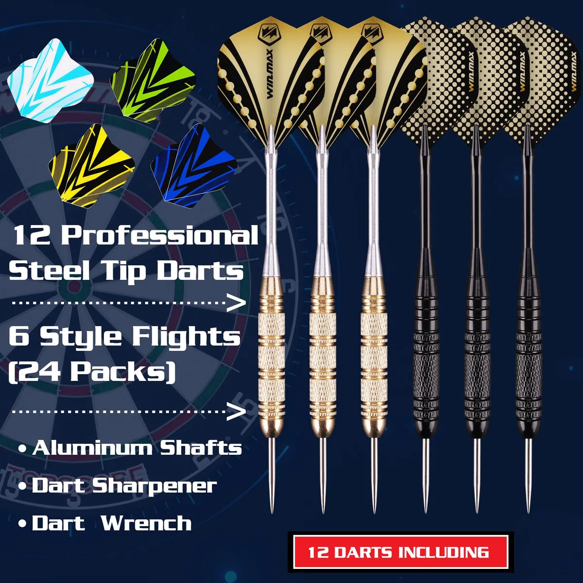 WIN.MAX Dartscheibe Kork Dartscheibe mit Pfeilen Offizielles Steeldartscheibe Dartscheibe Steeldart Dartscheibe Set 12 Dartpfeile Metallspitze,24 Flights