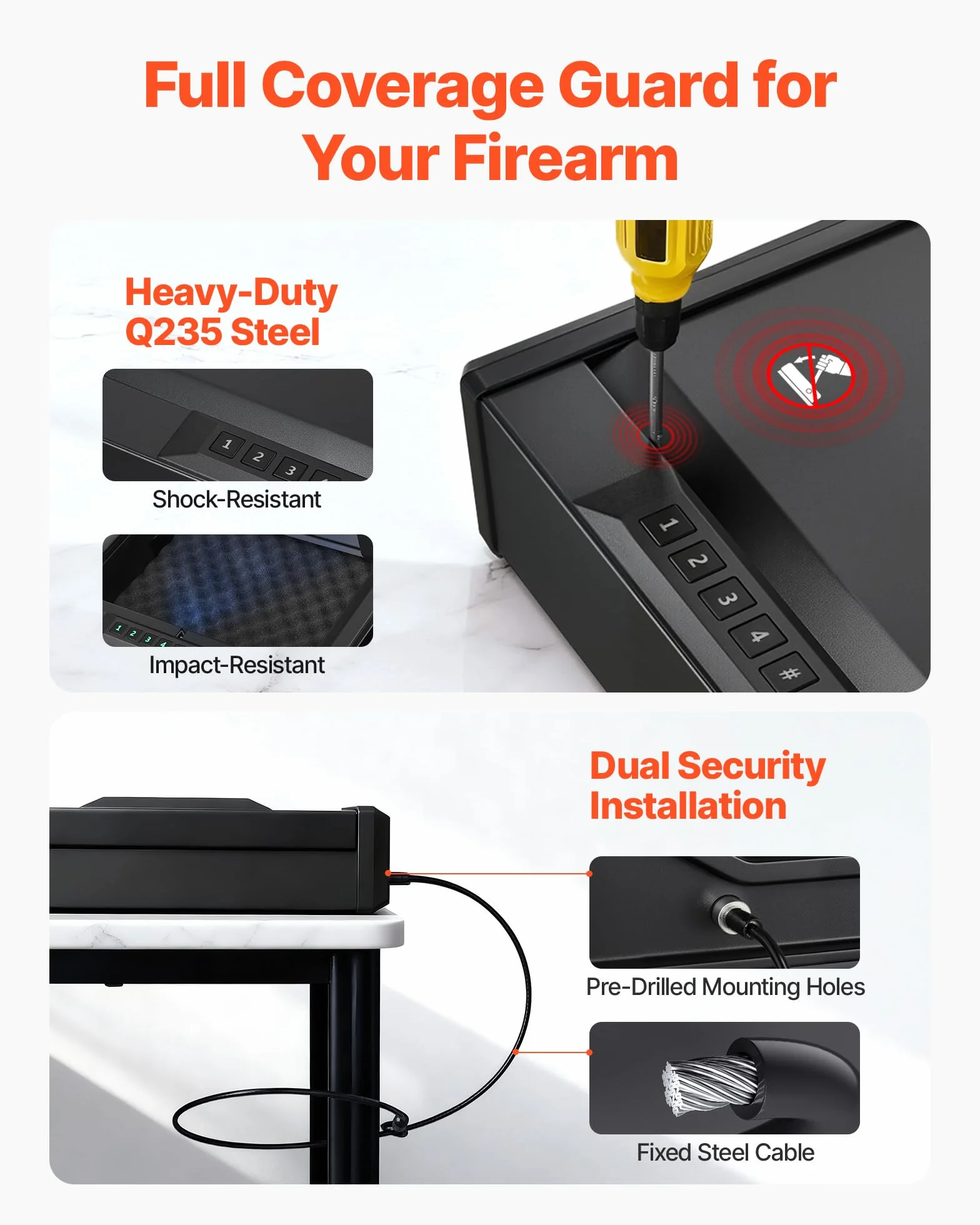 VEVOR Waffentresor Pistolentresor mit Fingerabdruck/Passwort (vierstelliger Code)/Schlüssel, Waffensafe Waffenkofferbox mit Beleuchtung für 2 Pistole & 2 Magazine, 360 x 275 x 90 mm Waffenbox