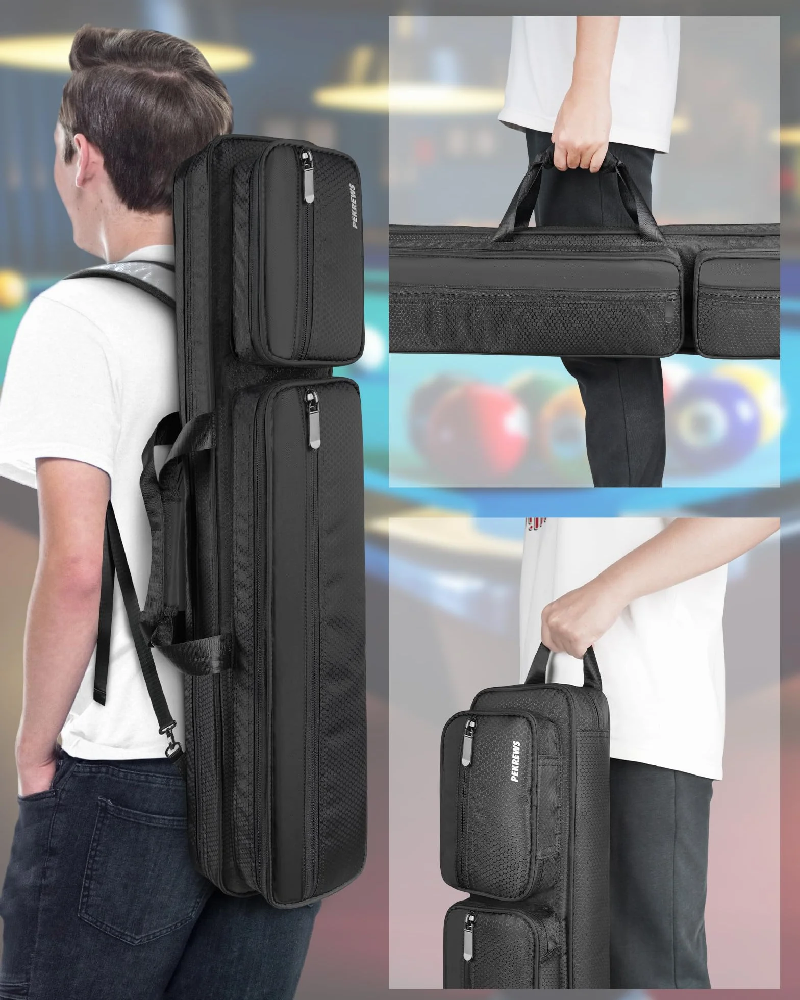 PEKREWS Billard Queue Tasche, Pool Cue Bag 4×5 für 4 Unterteile und 5 Schäfte mit Reißverschlusstasche, Schultergurt und Tragegriff, Weiche Tragetasche für 1/2 Billard Stick für Damen und Herren