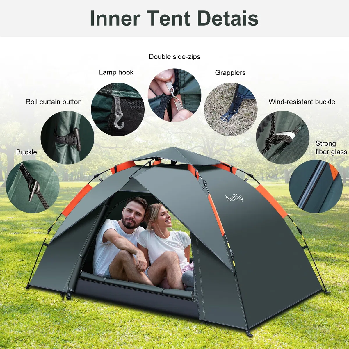 Amflip Campingzelt Automatisches 1 Personen Sofortzelt Pop Up Ultraleichtes Kuppelzelt 4 Jahreszeiten Wasserdicht & Winddicht Campingzelt mit Abnehmbarer Außenplane, Doppelschichten (grün)