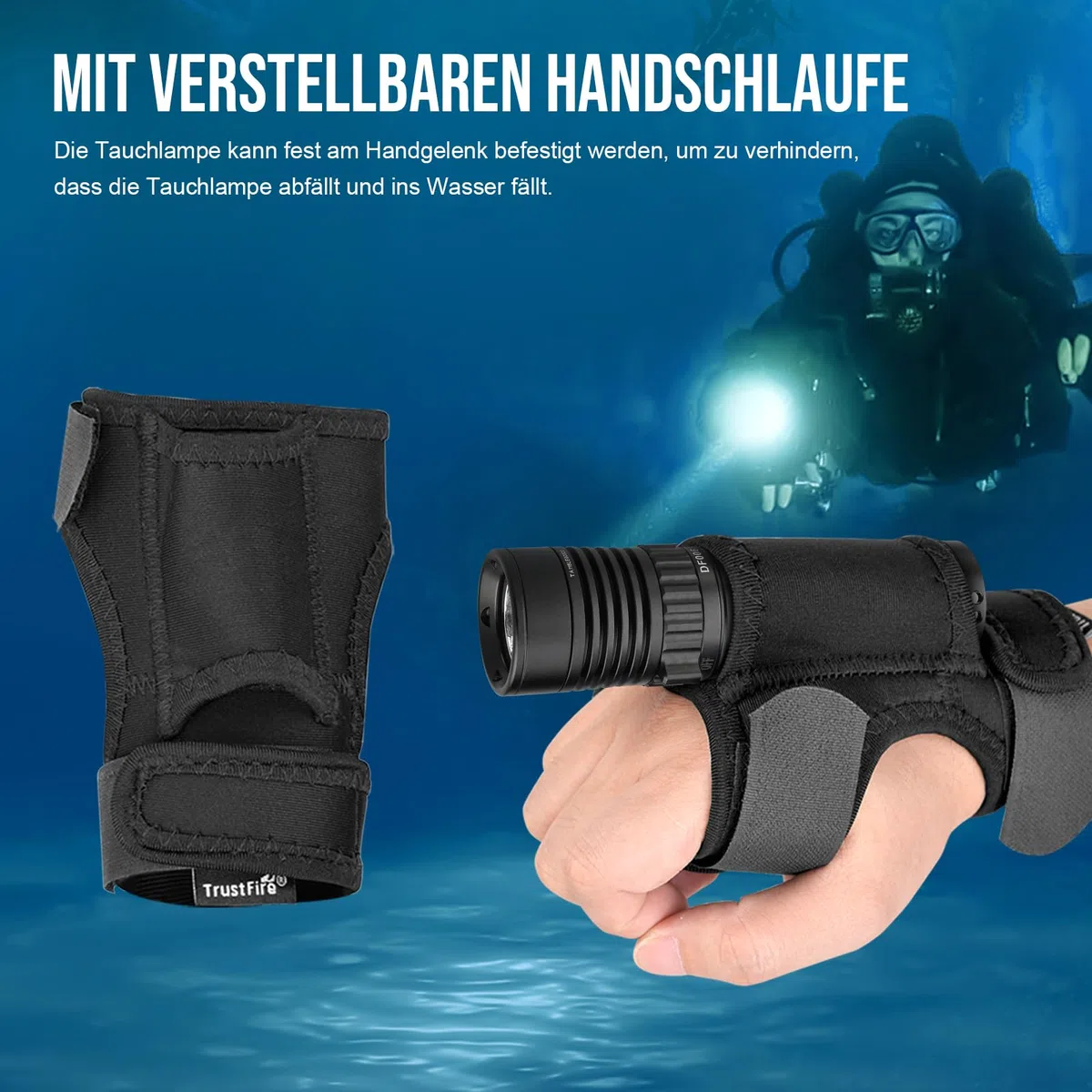 Trustfire DF006 Tauchlampe, 2300 Lumen Tauchen Taschenlampe Wiederaufladbar, 100 Meter Tauchtiefe LED Unterwasser Taschenlampe, 3 Lichtmodi Taucherlampe mit Handschlaufe