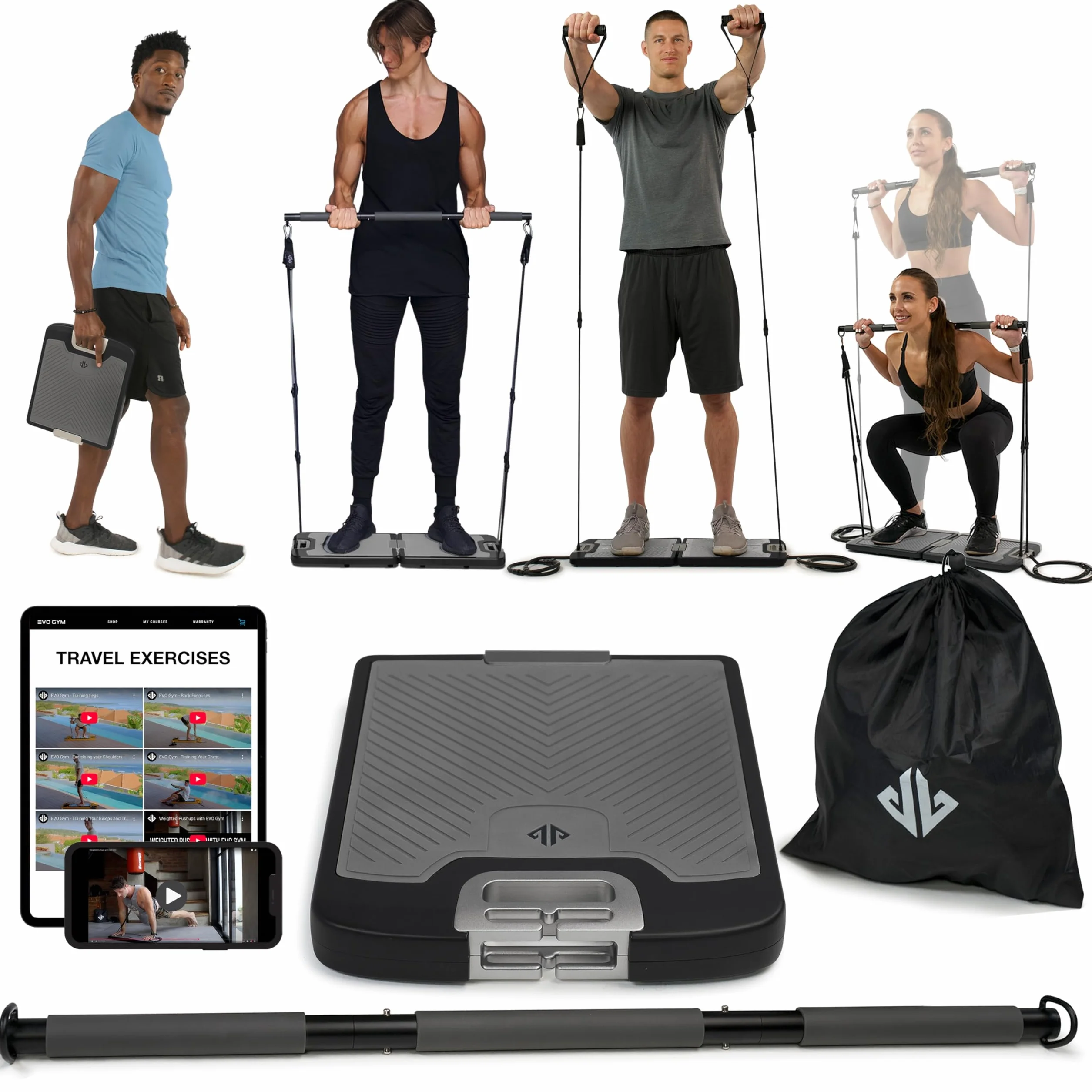 EVO Gym – Tragbares Krafttrainingsgerät für zu Hause, Fitnessstudio; All-in-One-Fitnessstudio; Widerstandsbänder, Basis hält Turnstange und Griffe für Reisen | Tragbares Fitness- und