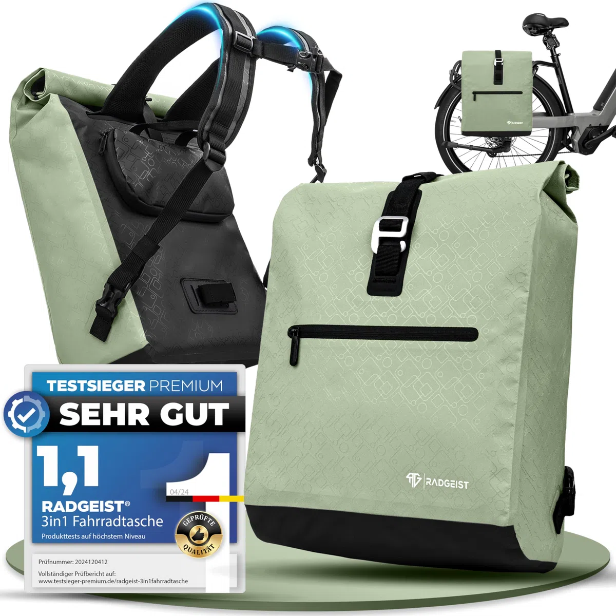 RADGEIST Fahrradtasche für Gepäckträger I Gepäckträgertasche & Rucksack I Fahrradtasche für Damen & Herren I Umhängetasche & Gepäcktasche für Fahrrad 20L Mint