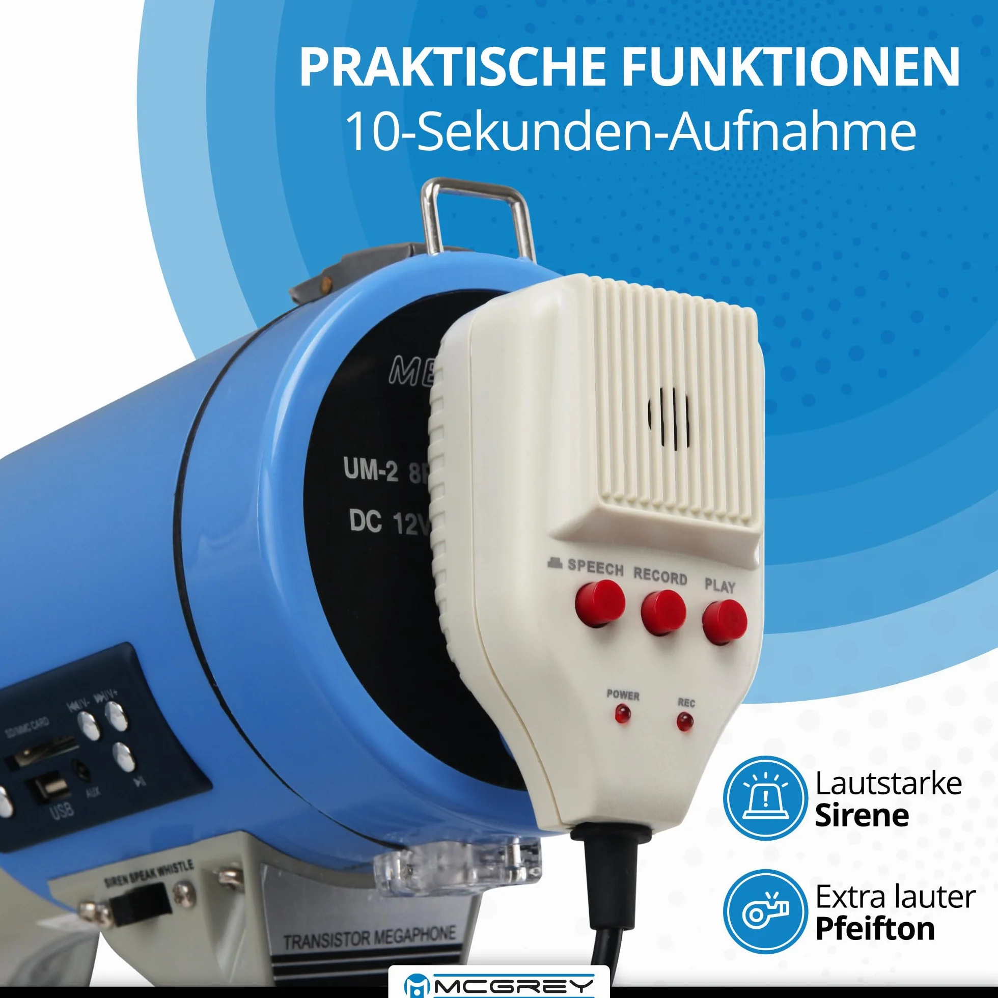 McGrey MP-800HRS Megaphon (Sprachrohr, 25 Watt RMS/80 Watt MAX), bis zu 1000m Reichweite, Handmikrofon, Sirene, Whistle, Aufnahmefunktion, USB/SD/AUX-MP3-Player batteriebetrieben grau/blau