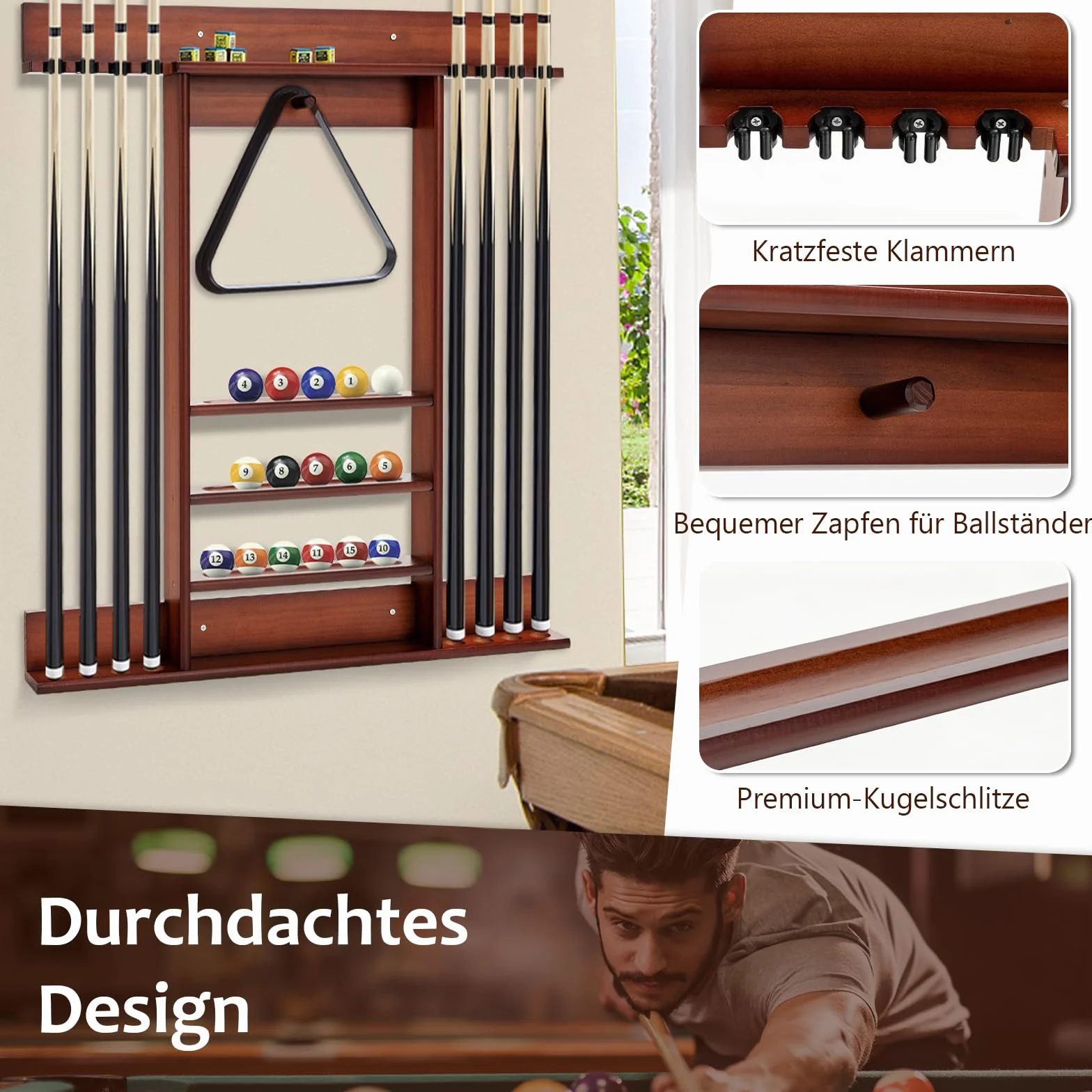 GOPLUS Billardständer, Pool Queue Halter aus Kiefernholz mit 8 Queue-Stifte, 3-stufig, Ball Rack Halter & Regal, Billardqueueständer für Bars Clubs Spielzimmer, Wandmontage (Braun)