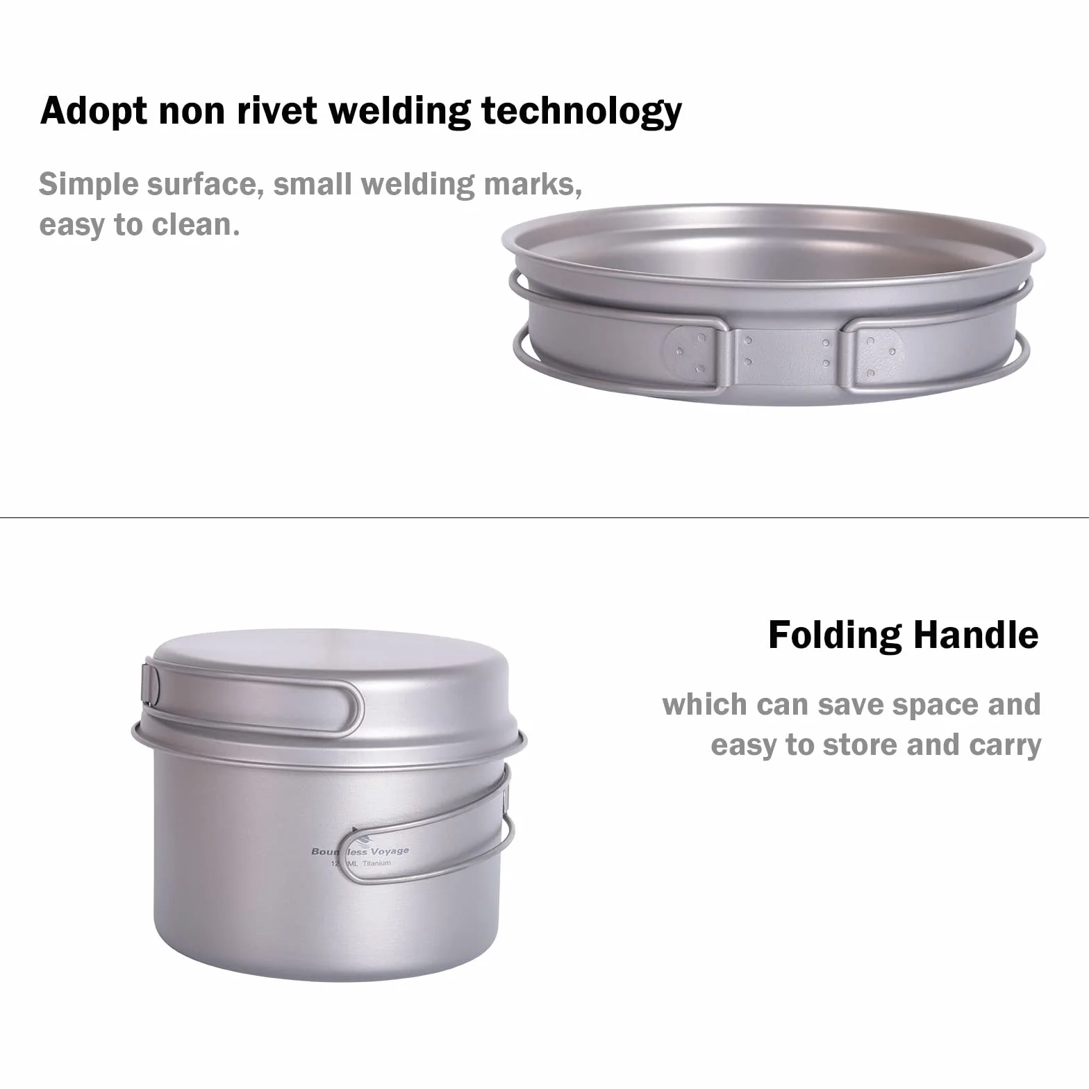 iBasingo Titan Topf Pfanne Set 1200ml & 500ml Camping Kochgeschirr Outdoor Schüssel Set Leichte Koch Mess Kit mit Klappgriff Küchen Utensilien Campingausrüstung für 1 Personen 2 Stücke/Set Ti2110C