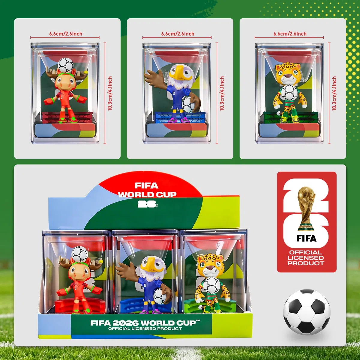 Sanyetral FIFA World Cup 2026 3PCS Maskottchenfiguren für Erwachsene, Mehrfarbig, beinhaltet Clutch, Zayu, Maple,Court-Set A (6 cm)