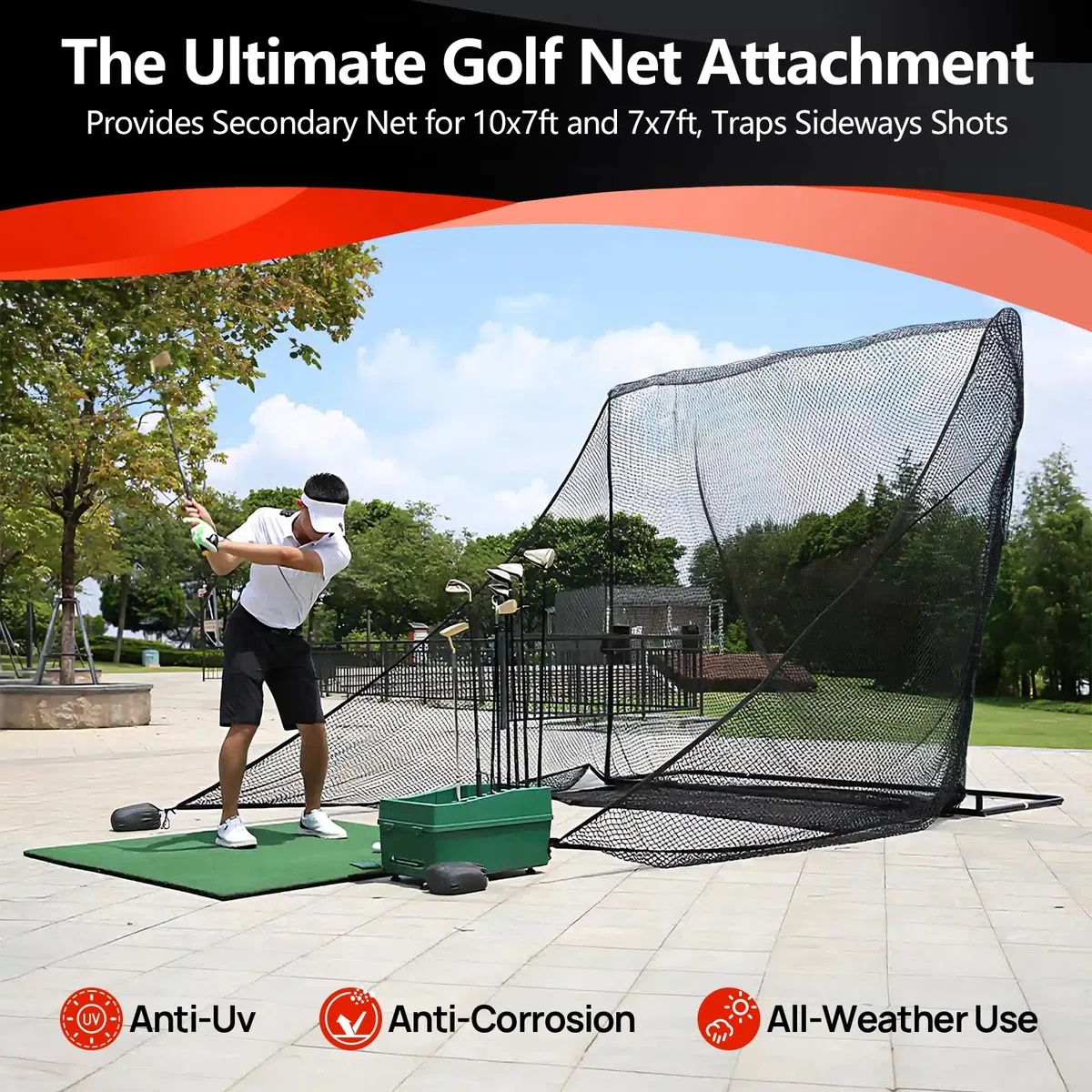 Golfschlagnetz, Schaft-Netzbefestigung, 2,8 x 3,4 x 2,1 m, robustes Seitennetz, Barrierennetz für Golf, Baseball, Hockey mit Sandsack
