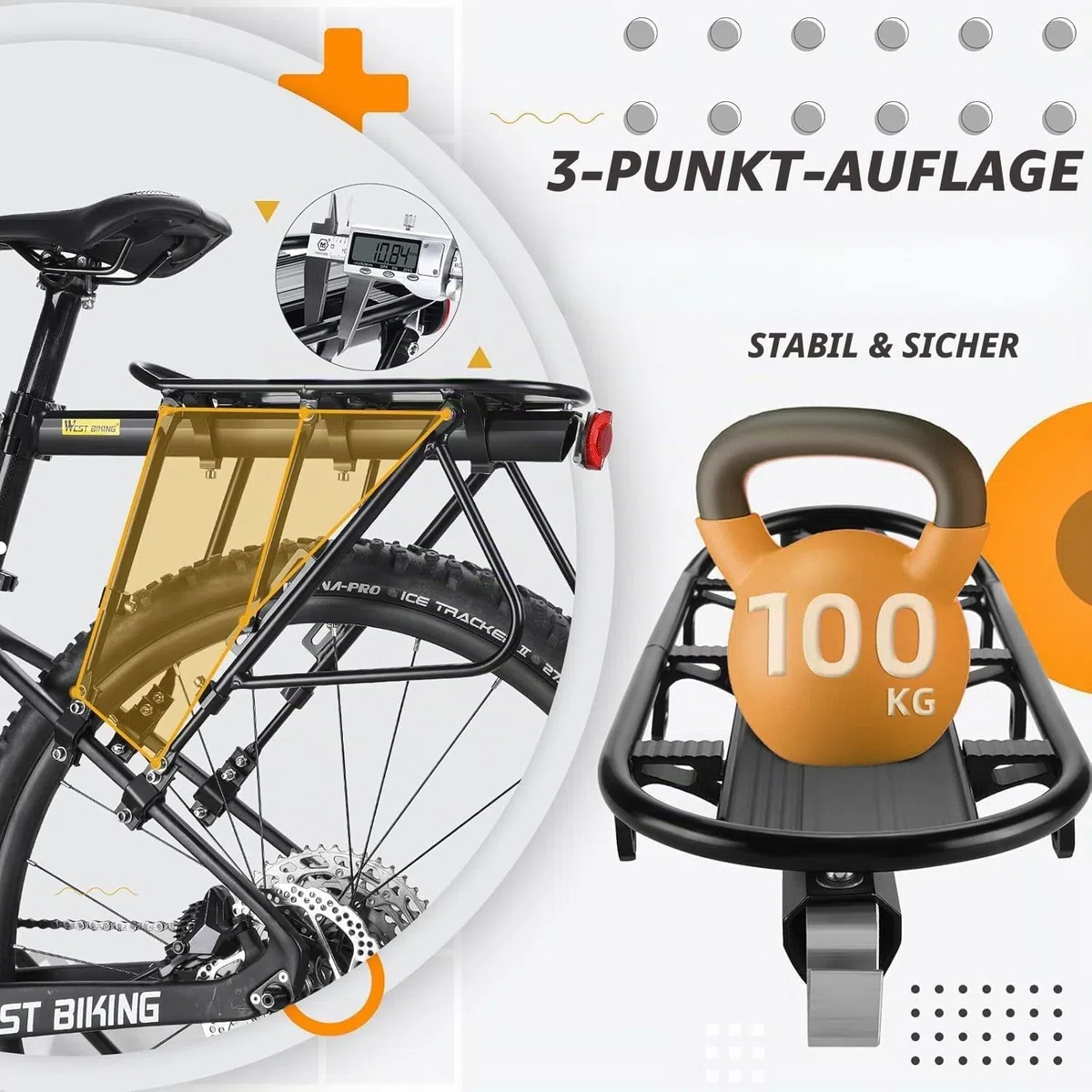 West Biking Fahrrad Gepäckträger Mountainbike - 100 KG Belastung Stabilem MTB Gepäckträger Einstellbare Fahrradgepäckträger, Schnellverschluss Gepäckträger Fahrrad mit Reflektor Fahrradzubehör