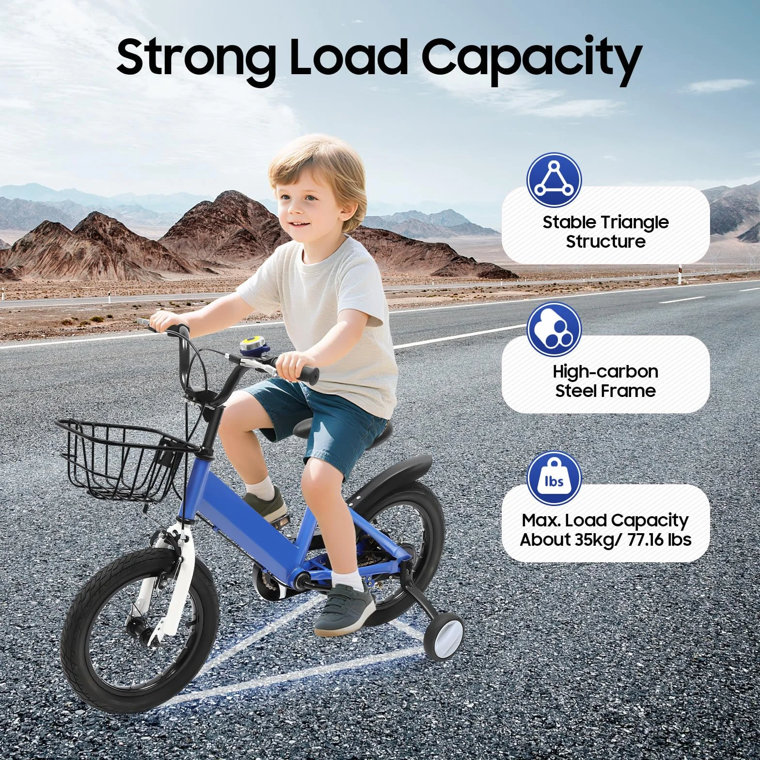 Kinderfahrrad 14 Zoll, Kinderfahrrad ab 3 Jahre, Kinder Fahrrad mit Doppelbremse, 35kg Tragkraft und Sitz Verstellbar, Korb und Stützräder, Kinderfahrrad für Jungen und Mädchen (Blau)