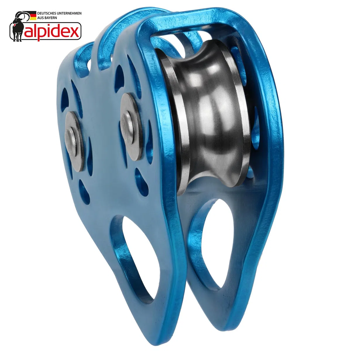 ALPIDEX Tandemrolle Seilrolle 20 kN | Umlenkrolle | Tandem Pulley | Norm EN12278 | Kugellager | Doppelte Rollen | Stahlseile bis 12 mm Ø | Textilseile bis 13 mm Ø | Doppelseilrolle - Farbe: blau
