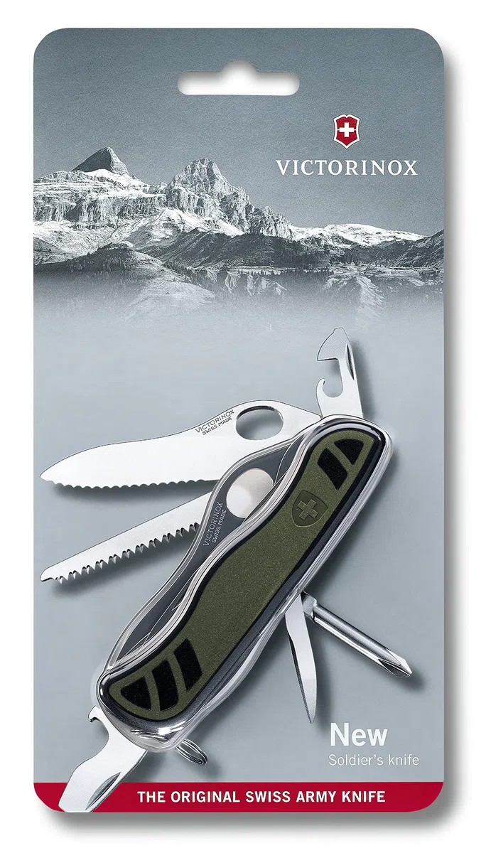 Victorinox Schweizer Soldatenmesser 08, Multitool, Swiss Army Knife mit 10 Funktionen, Einhand-Feststellklinge mit Wellenschliff, Grün/Schwarz