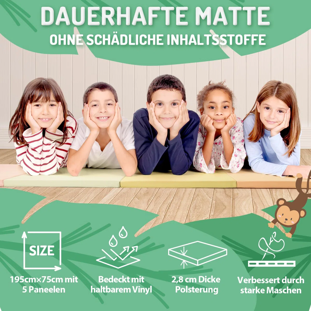 PhysKcal 195 x 75 x 3 cm Klappbare Weichbodenmatte Turnmatte Fitnessmatte Gymnastikmatte mit Tragegriffen, Sportmatte Spielmatte, Tumbling-Matte für Kinder, Polsterung für Activity Play