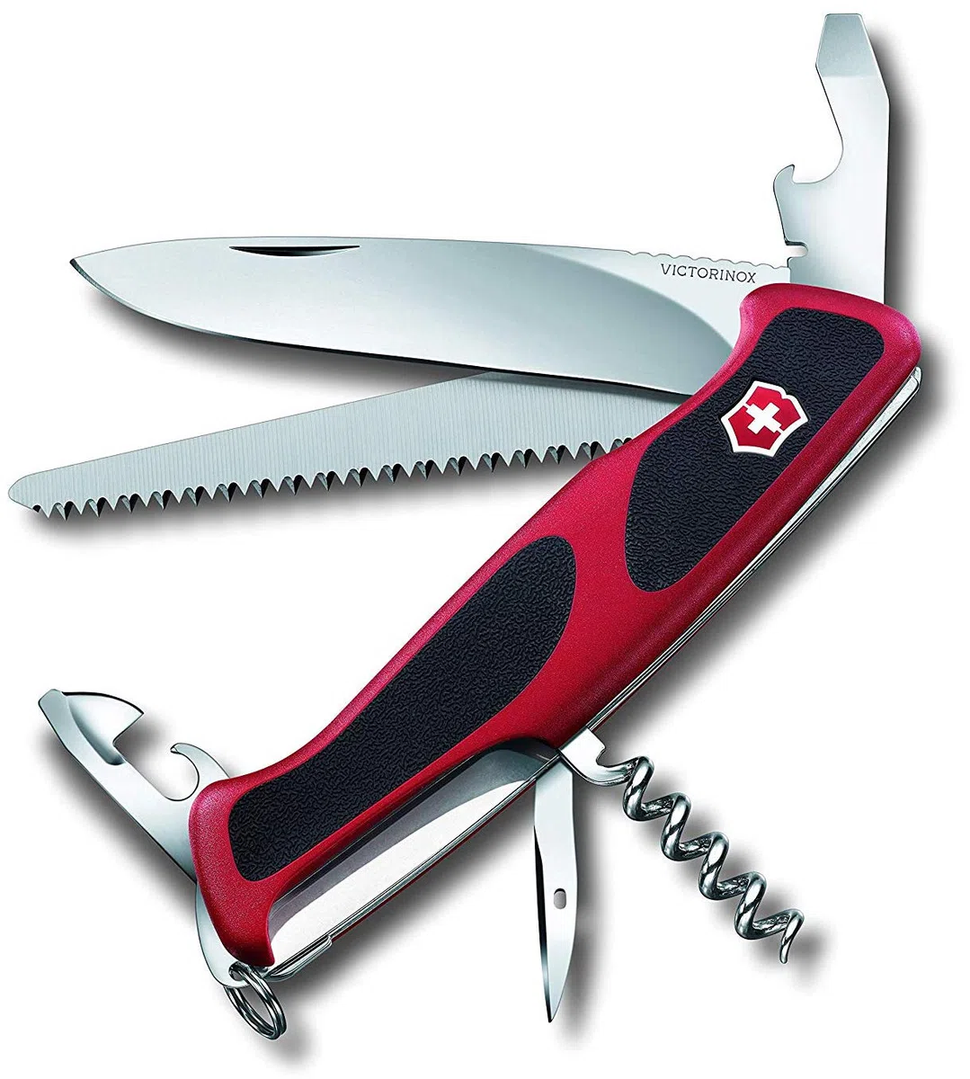 Victorinox Schweizer Taschenmesser, Ranger 55, Swiss Army Knife, Multitool, 12 Funktionen, Einhand-Feststellklinge, Dosenöffner, Rot/Schwarz