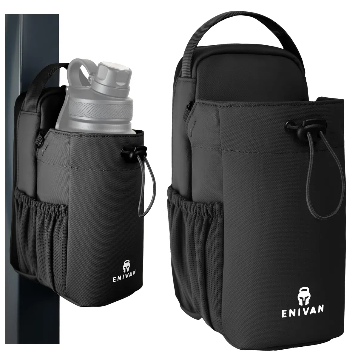 Magnetische Sporttasche mit Flaschenhalter, passt für 1,5 L Trinkflaschen, Handyfach, Schlüsselkarabiner, Schultergurt – für Männer & Frauen, Gym, Fitness & Alltag, wasserabweisend, Schwarz