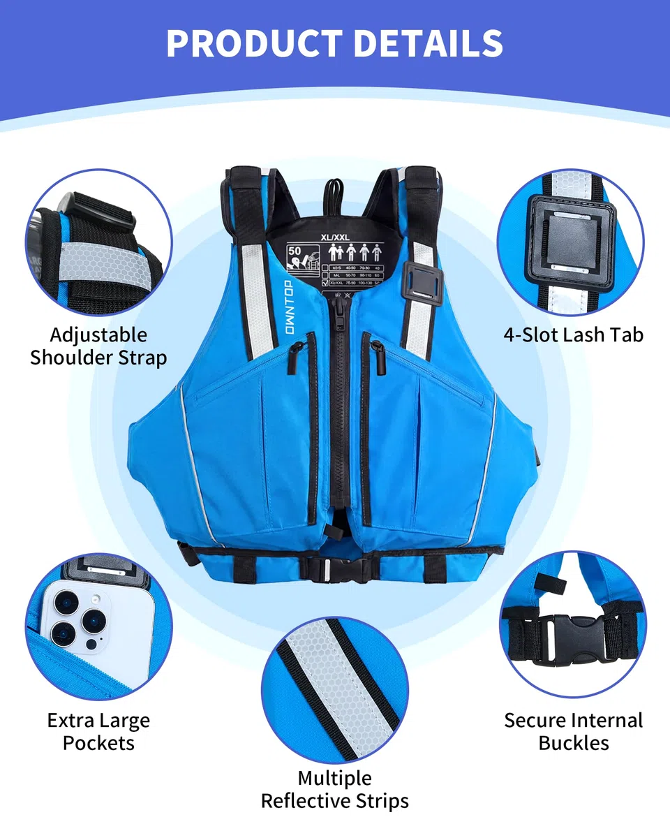 Owntop Schwimmweste für Erwachsene | Verstellbare Auftriebsweste mit großzügigen Taschen, Reflexstreifen & flexiblen Armausschnitten | Schwimmhilfe für Kajak, Angeln, Bootssport & Paddeln