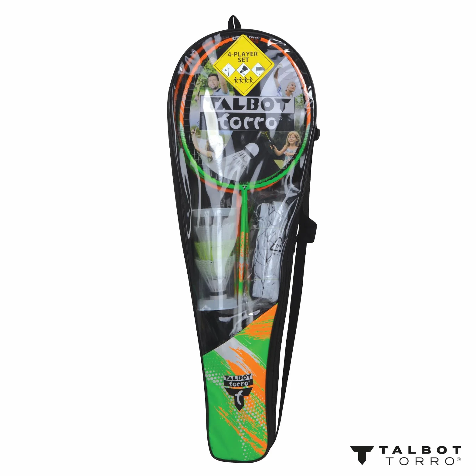 Talbot-Torro Badminton-Set 4-Attacker Plus, Kolmplettset mit 4 Schläger, 3 Federbälle, komplette Netzgarnitur, in wertiger Tasche