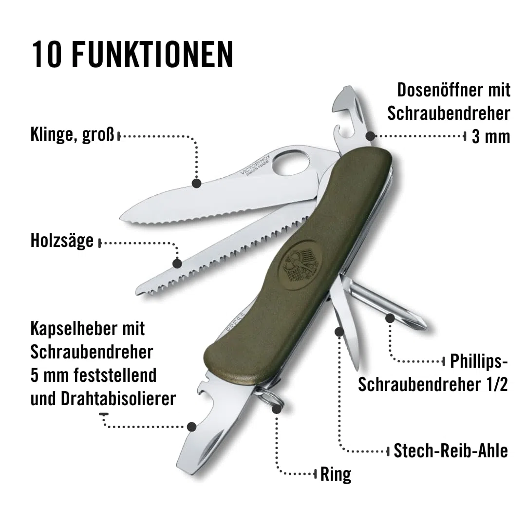 Victorinox Schweizer Taschenmesser Trailfinder, Soldatenmesser, 10 Funktionen, Multitool mit Einhandklinge, Dosenöffner, Schraubendreher, Grün