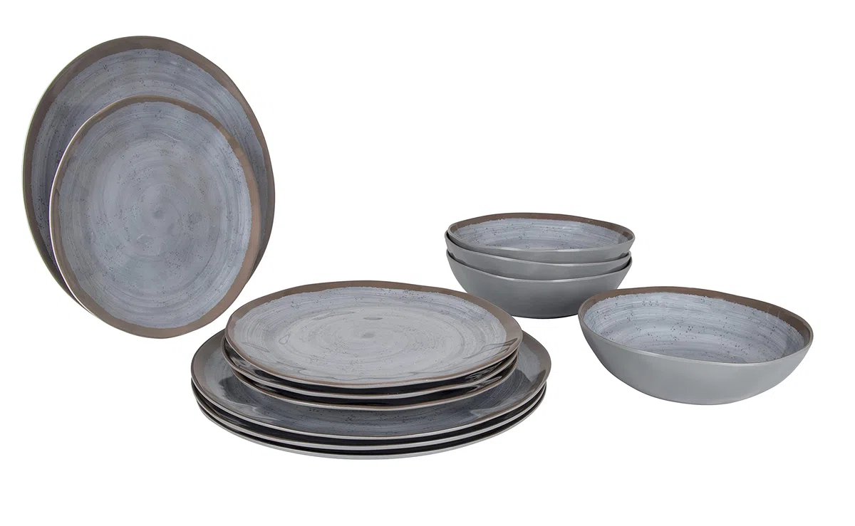 Bo-Camp Melamin Geschirr Set 12tlg Camping Essgeschirr Reise Picknick Teller, Grau