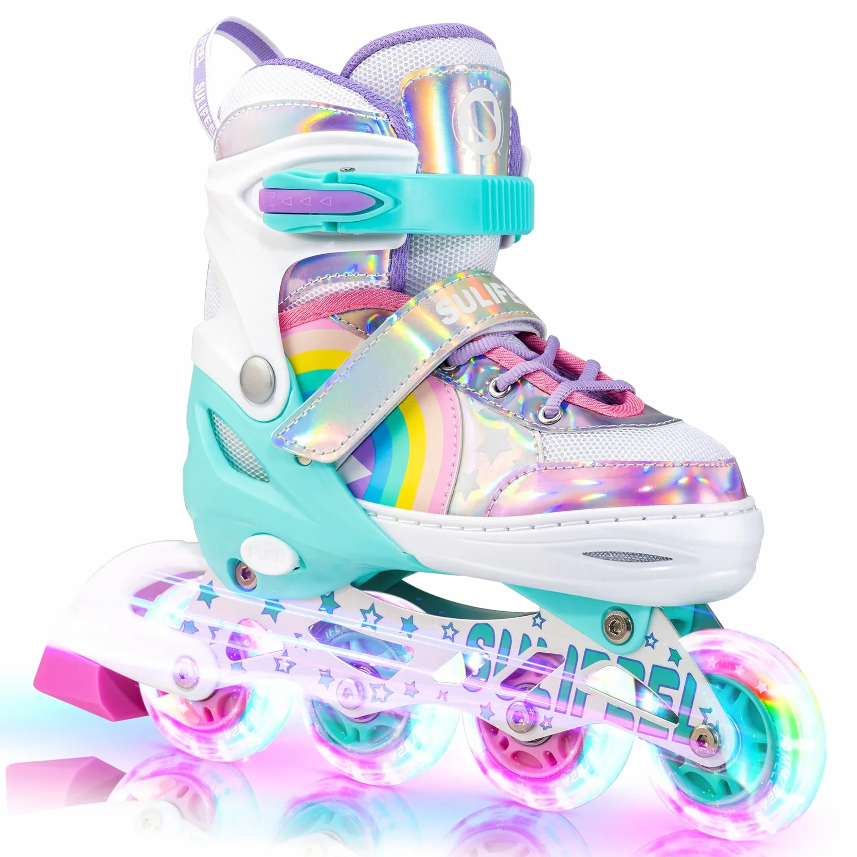 SULIFEEL Rainbow Unicorn Verstellbare Schwarz Rollschuhe für Kinder mit Leuchtenden Rädern für Jungen
