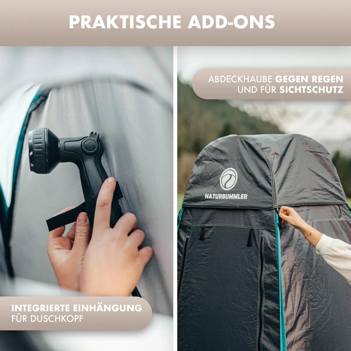 NATURBUMMLER Duschzelt Pop-Up [Privacy Protec+] wasserdicht & Blickdicht mit 5 Taschen & Boden (1,9  m Stehhöhe) – mobiles Toilettenzelt Umkleidezelt Sichtschutz für Camping Strand Outdoor