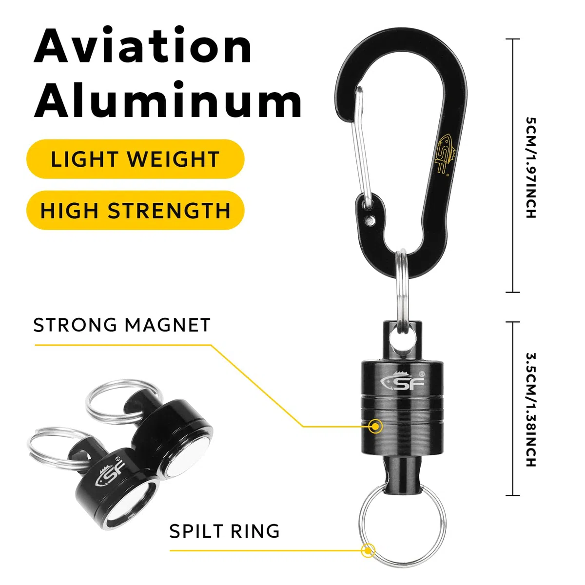 SF Stärkster magnetischer Netz-Entriegelungs-Magnet-Clip-Halter für Fliegenfischen, Kescher, Retraktor mit Spiralband-Karabiner